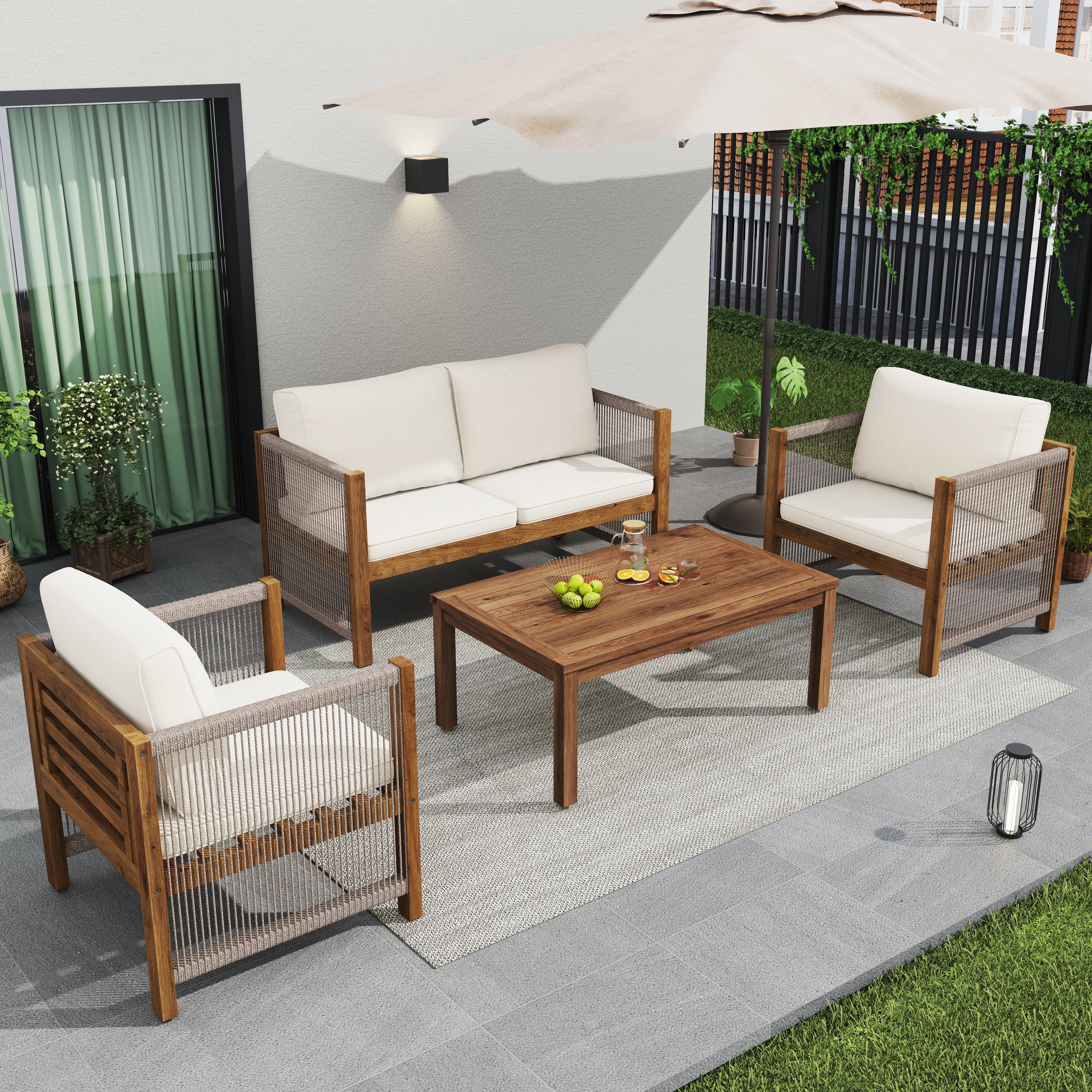 Garden Furniture Lounge Set with Double Sofa 2 Armchairs and Table, Acacia and Beige Rattan Look