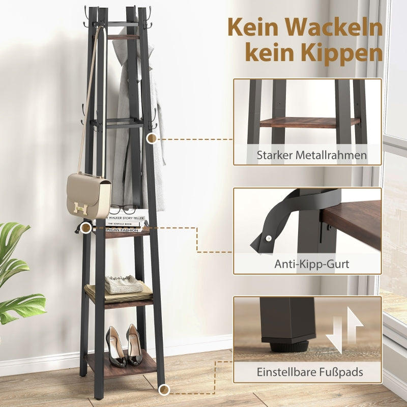 Garderobenständer, 4-stöckig freistehend mit 8 Haken und 4 Ablagen, Industriestil, Braun