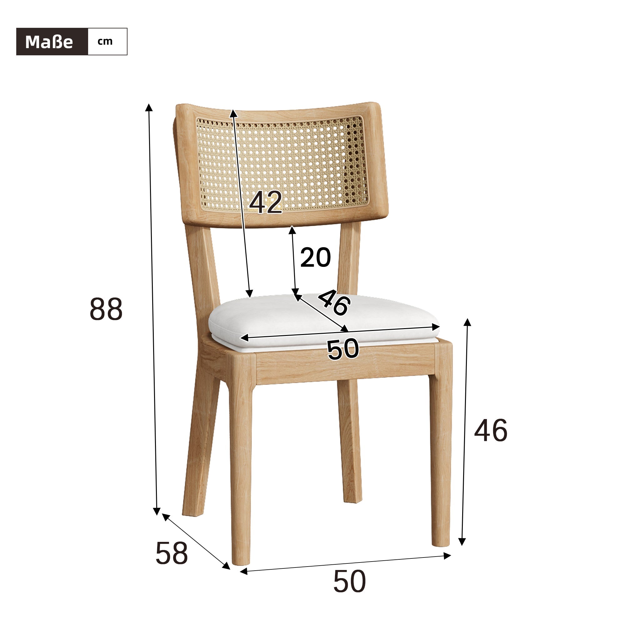 6 Solid Wood Dining Chairs with Rattan Backrests, Linen, Wood Color