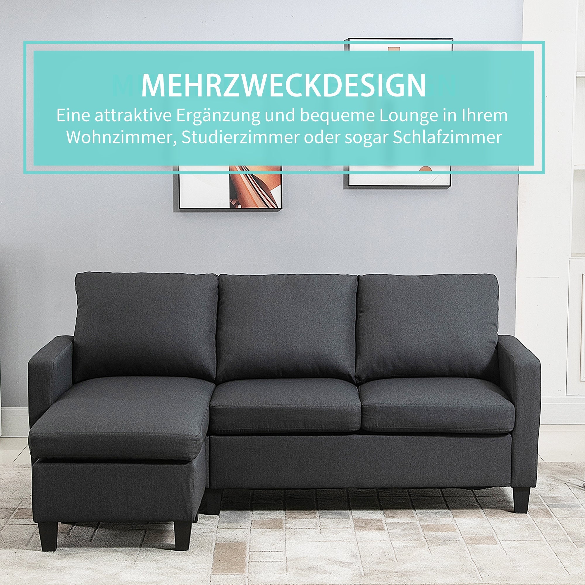 Corner Sofa L-Shape Reversible Chaise Longue 197x139x91cm Dark Grey Linen