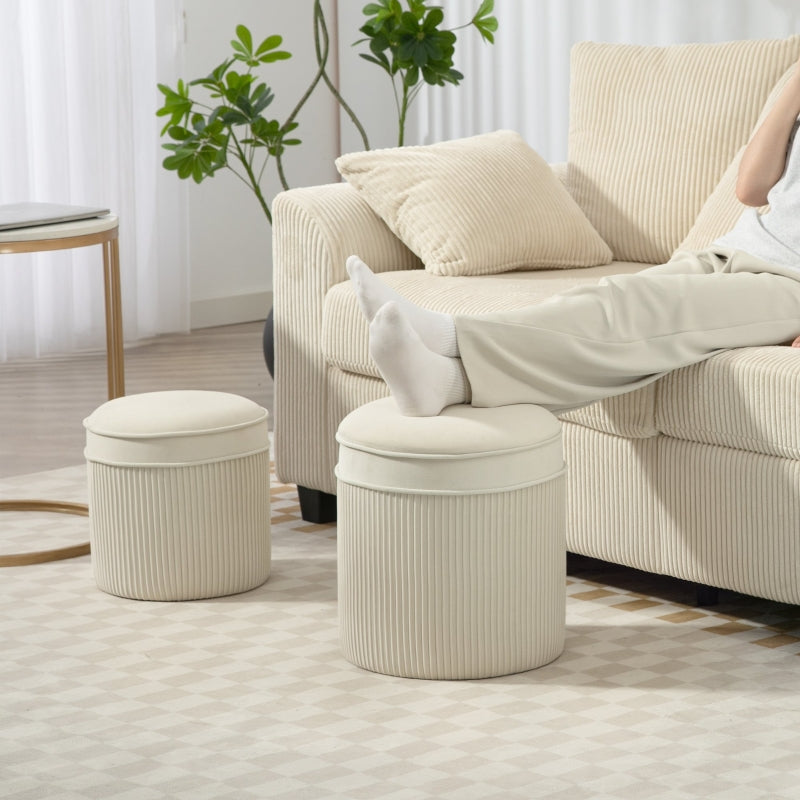 Set of 2 Ottomans with Lids Round Storage Velvet Look - Cream White