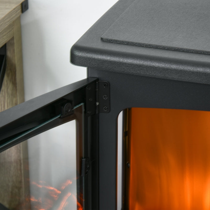 Freestanding Electric Fireplace Heater 900W/1800W Adjustable Flame Tempered Glass Black Metal