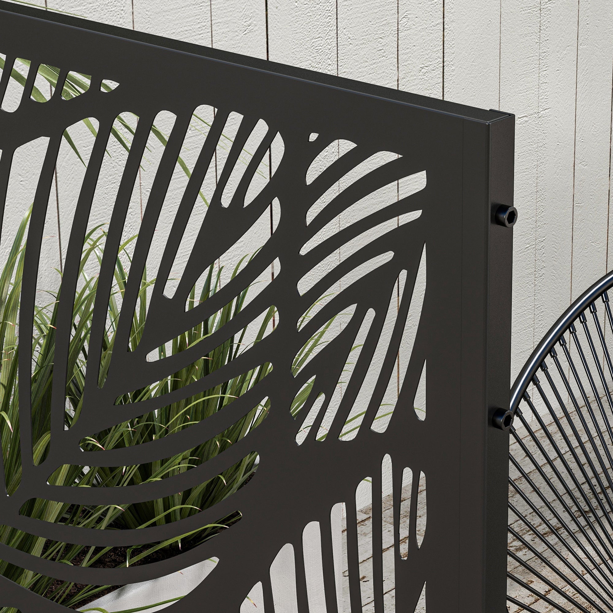 Garden Privacy Screen 122x198cm Balcony Leaf Pattern Steel, Black