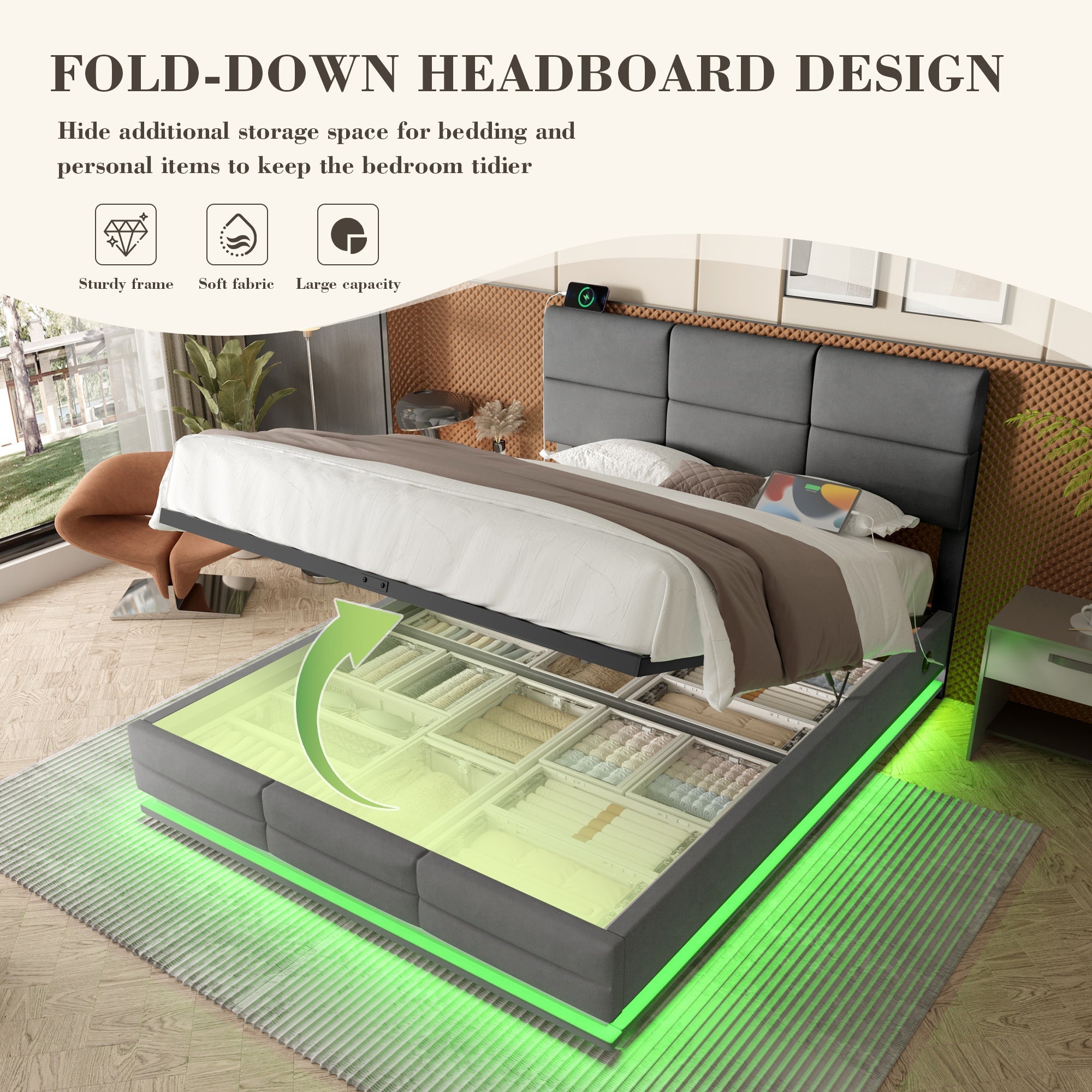 Modern Upholstered Bed with Adjustable Headboard, USB/LED, Hydraulic Lift, Storage - Gray Velvet