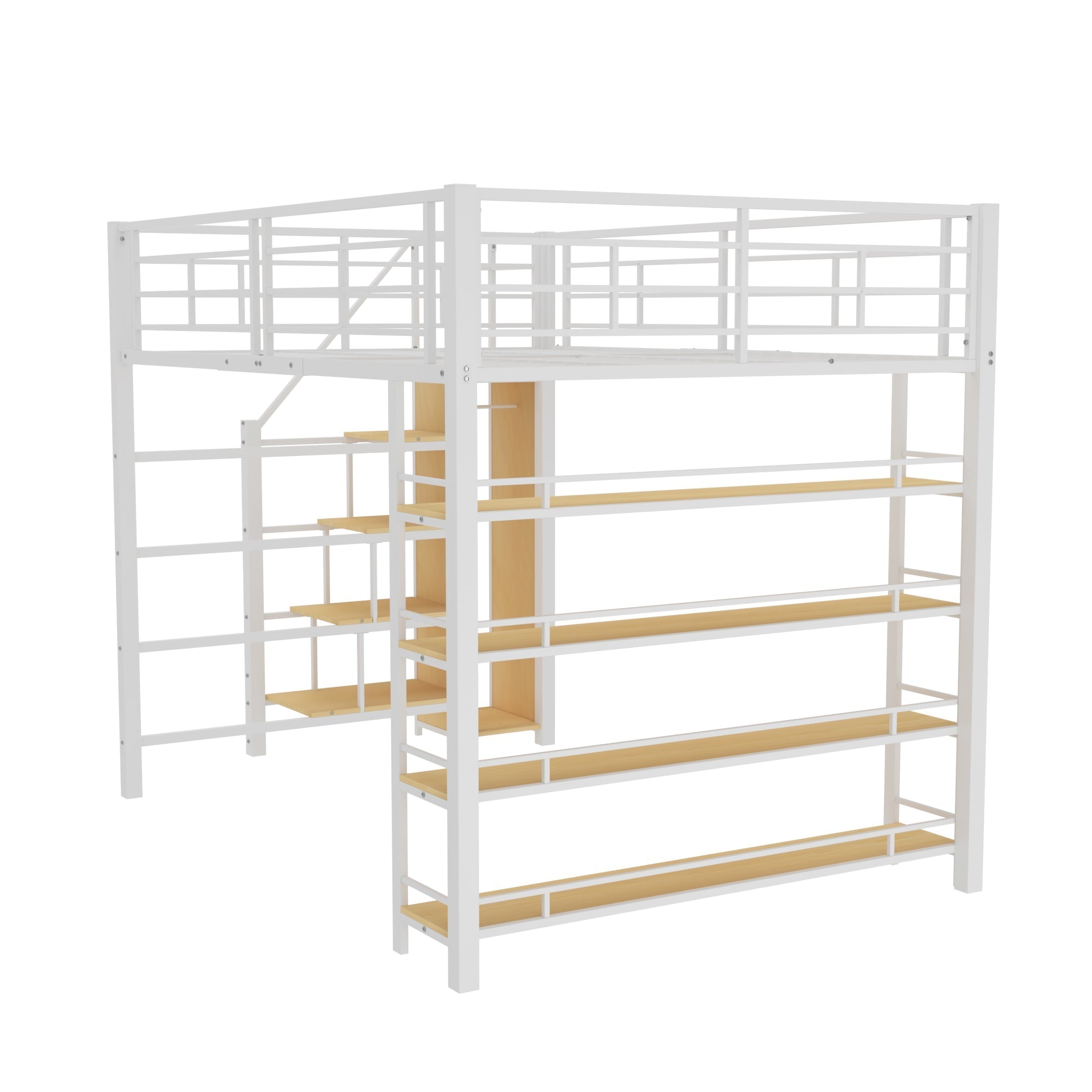 Loft Bed, 140*200 with Stairs, Storage, Wardrobe, Shelves, White