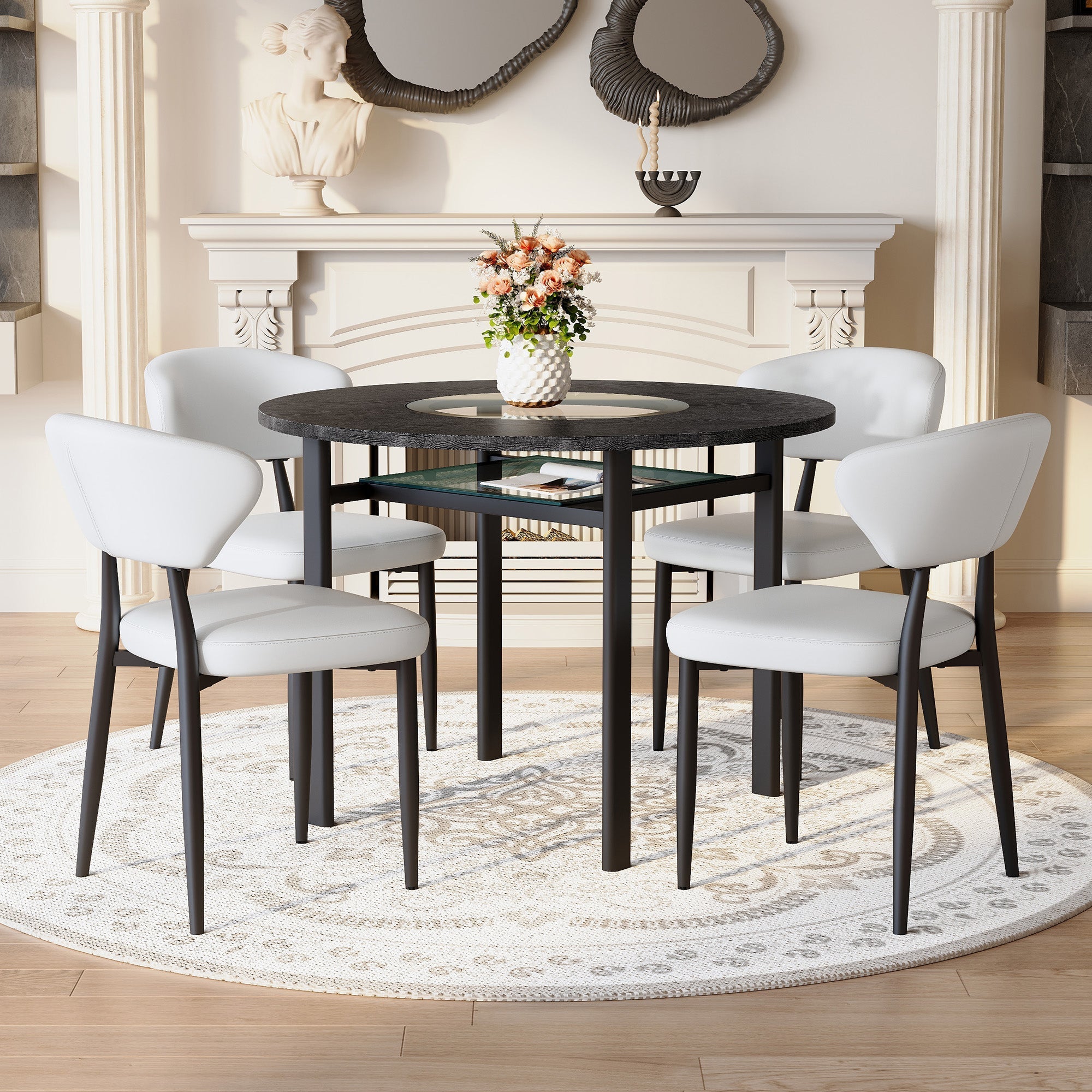 Round Table Set 100cm 4 Chairs Modern Minimalist - Black Wood/White PU