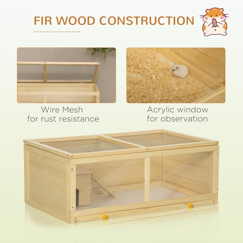 Wooden Hamster Cage with Sliding Tray, Openable Top, Hut, Natural Wood