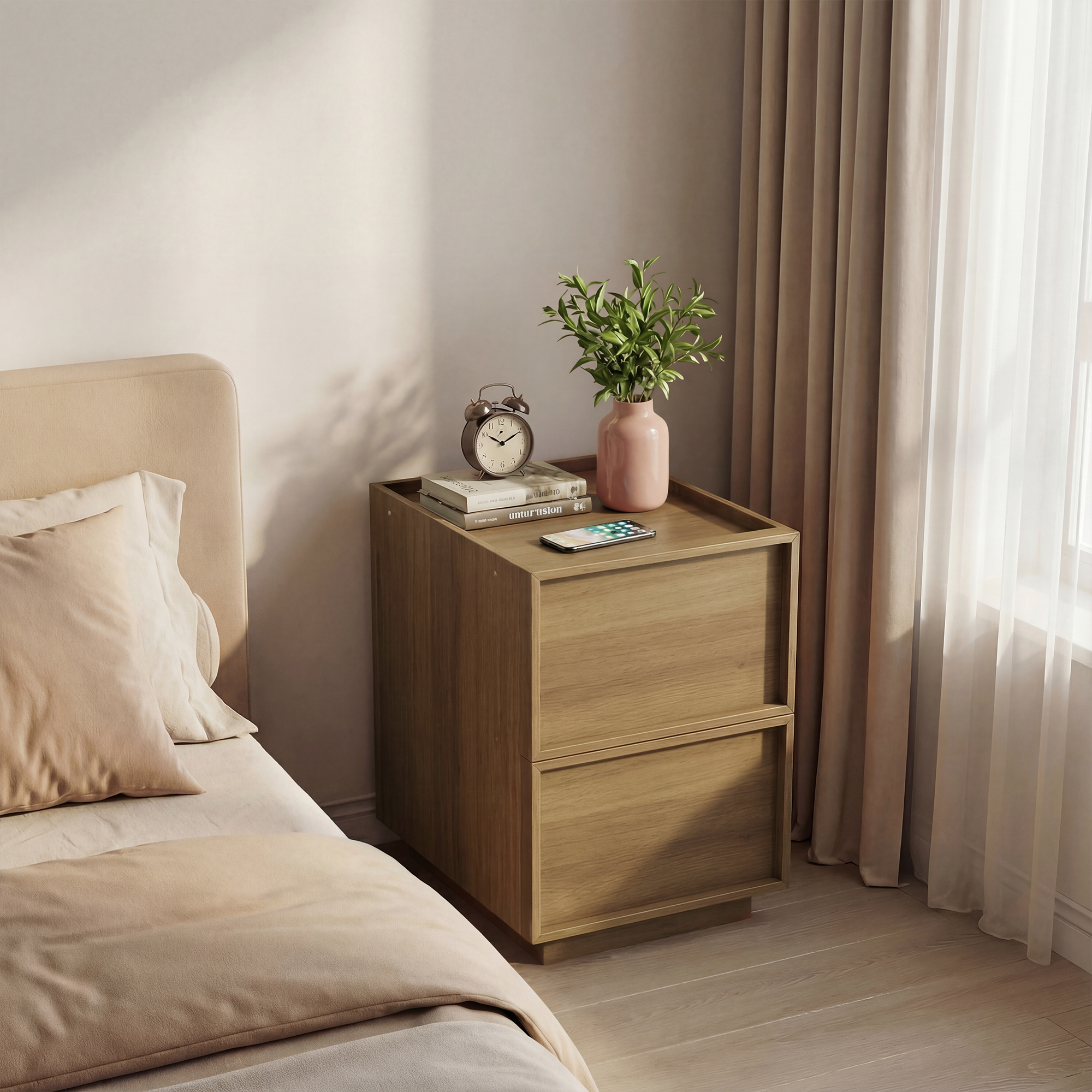 Medieval-Modern Bedside Table with 2 Handleless Drawers and Metal Rails, Oak Look MDF