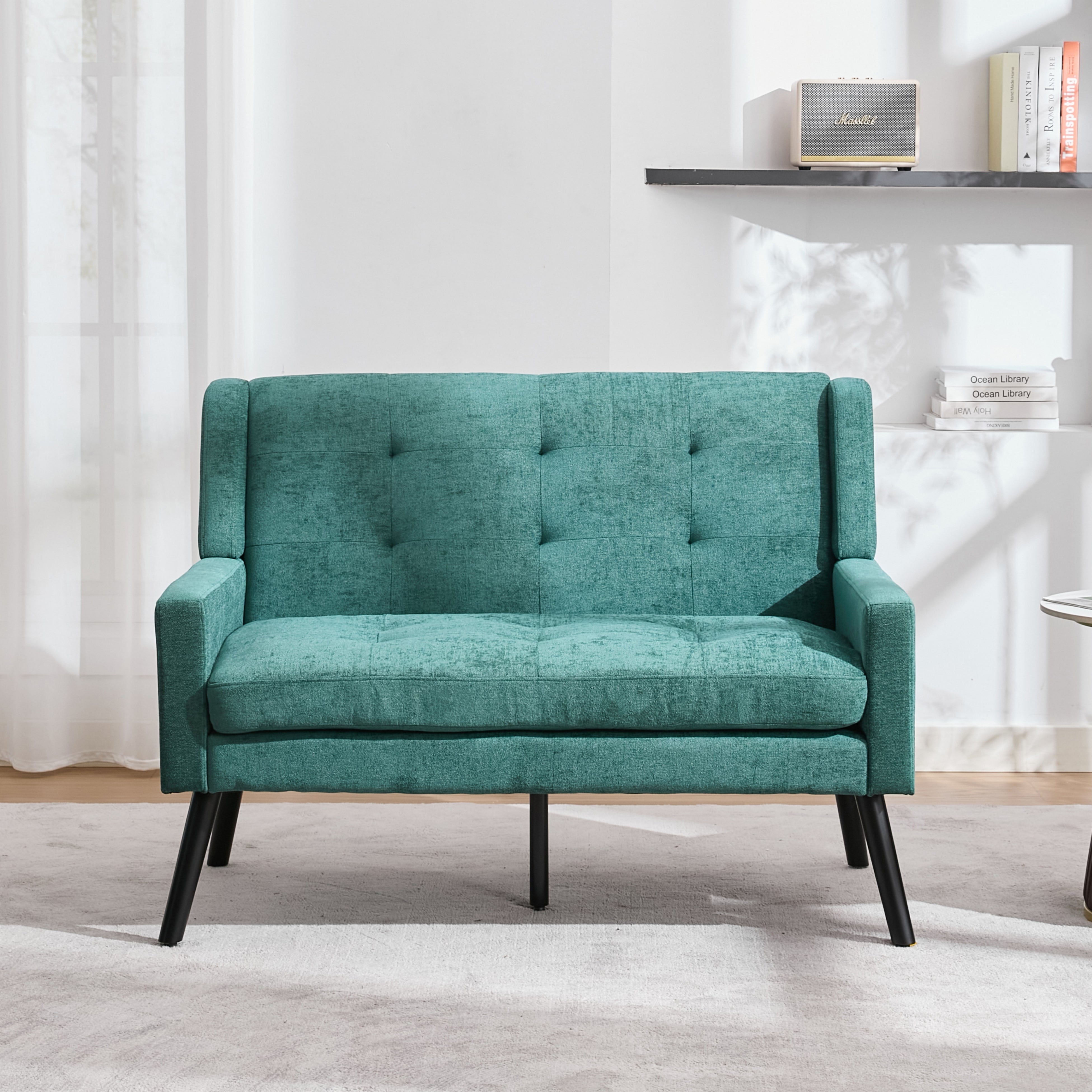 2-Seater Linen Bench with Solid Wood Legs and Button Tufting, Natural Linen Tone