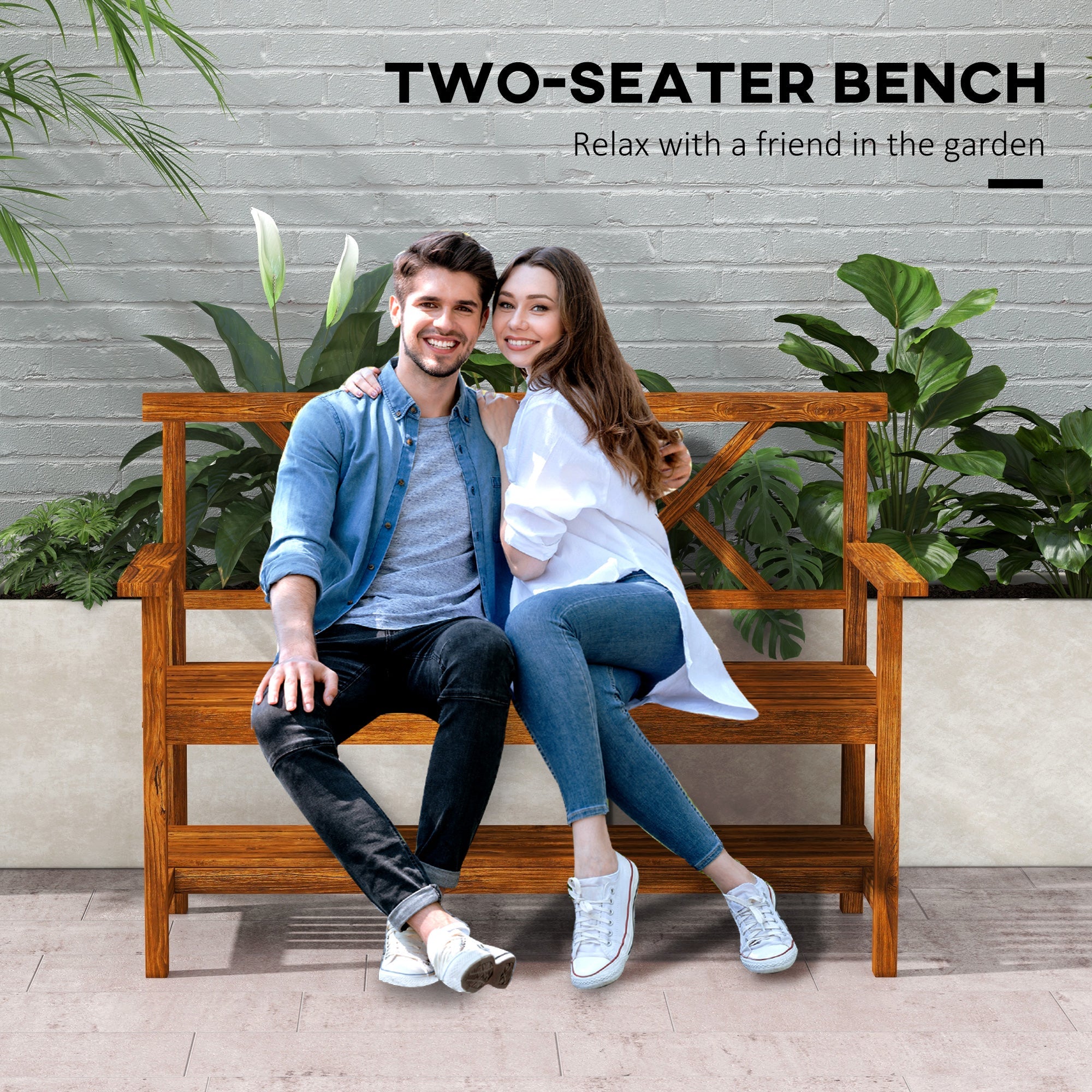 Two-Seater Fir Wood Bench with Bottom Shelf, Natural