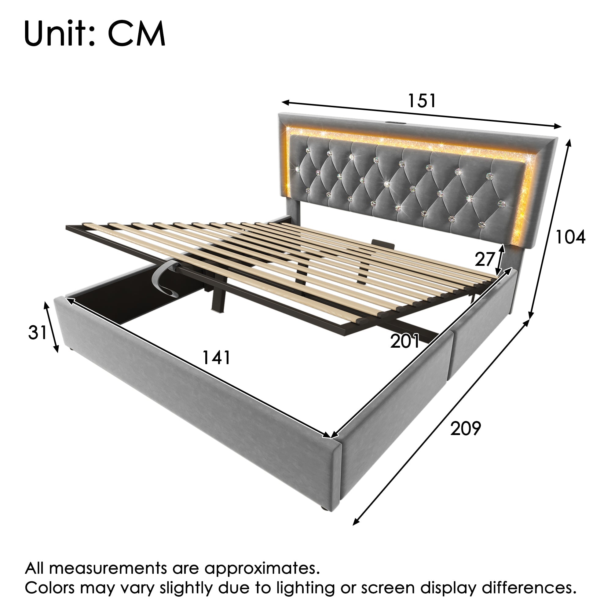 Upholstered Double Bed 140x200cm Hydraulic Storage LED Headboard USB/Type-C Velvet Grey