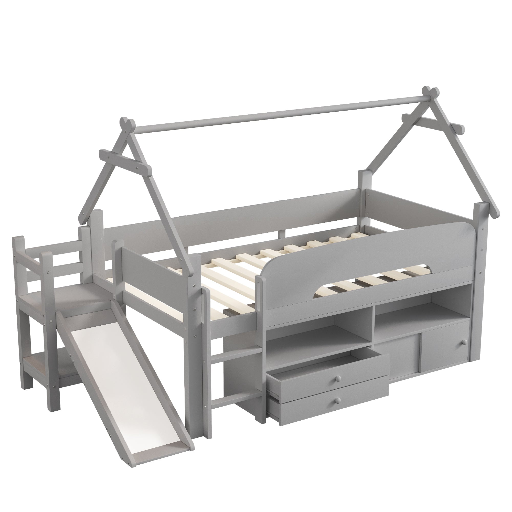 Children's House Bed 90x200cm with Slide Drawers Storage Solid Wood Grey