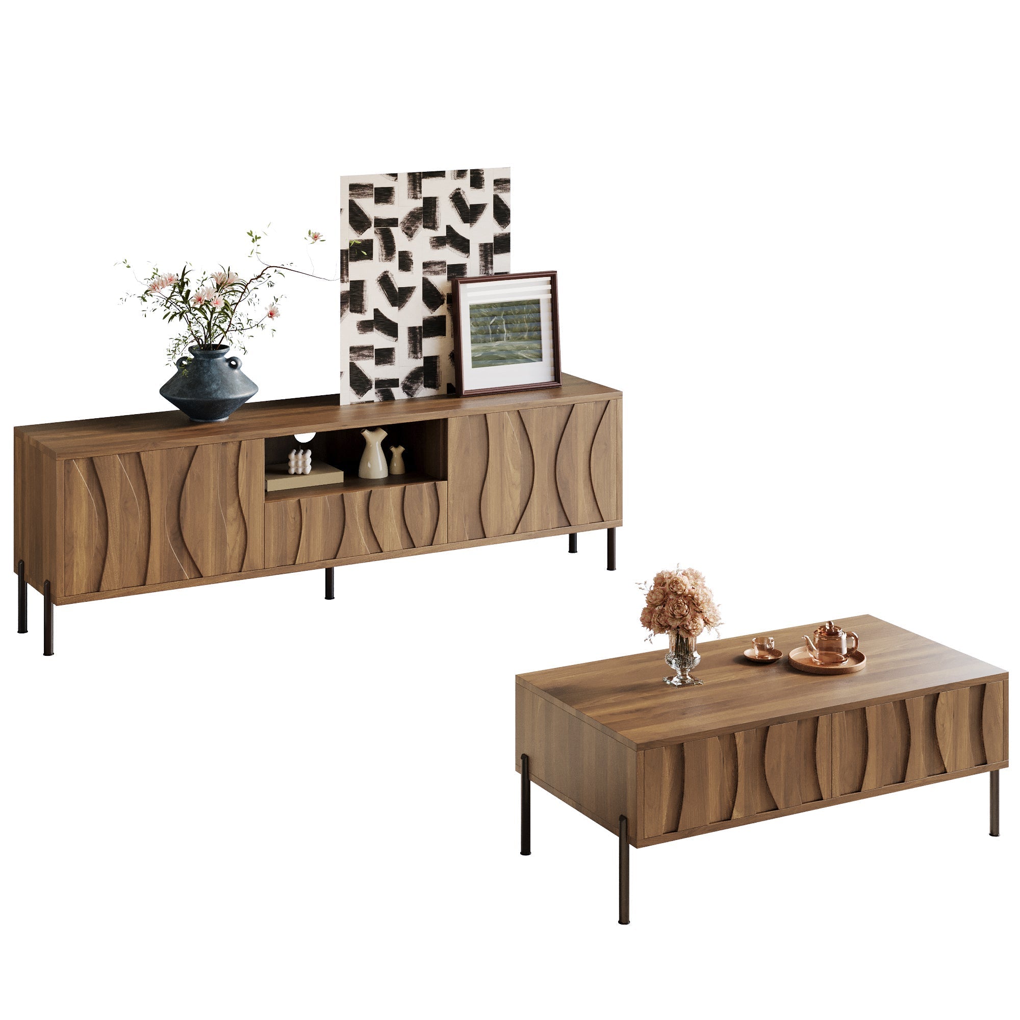 Coffee Table and TV Stand Combination, Wave Pattern Storage Set, Solid Wood