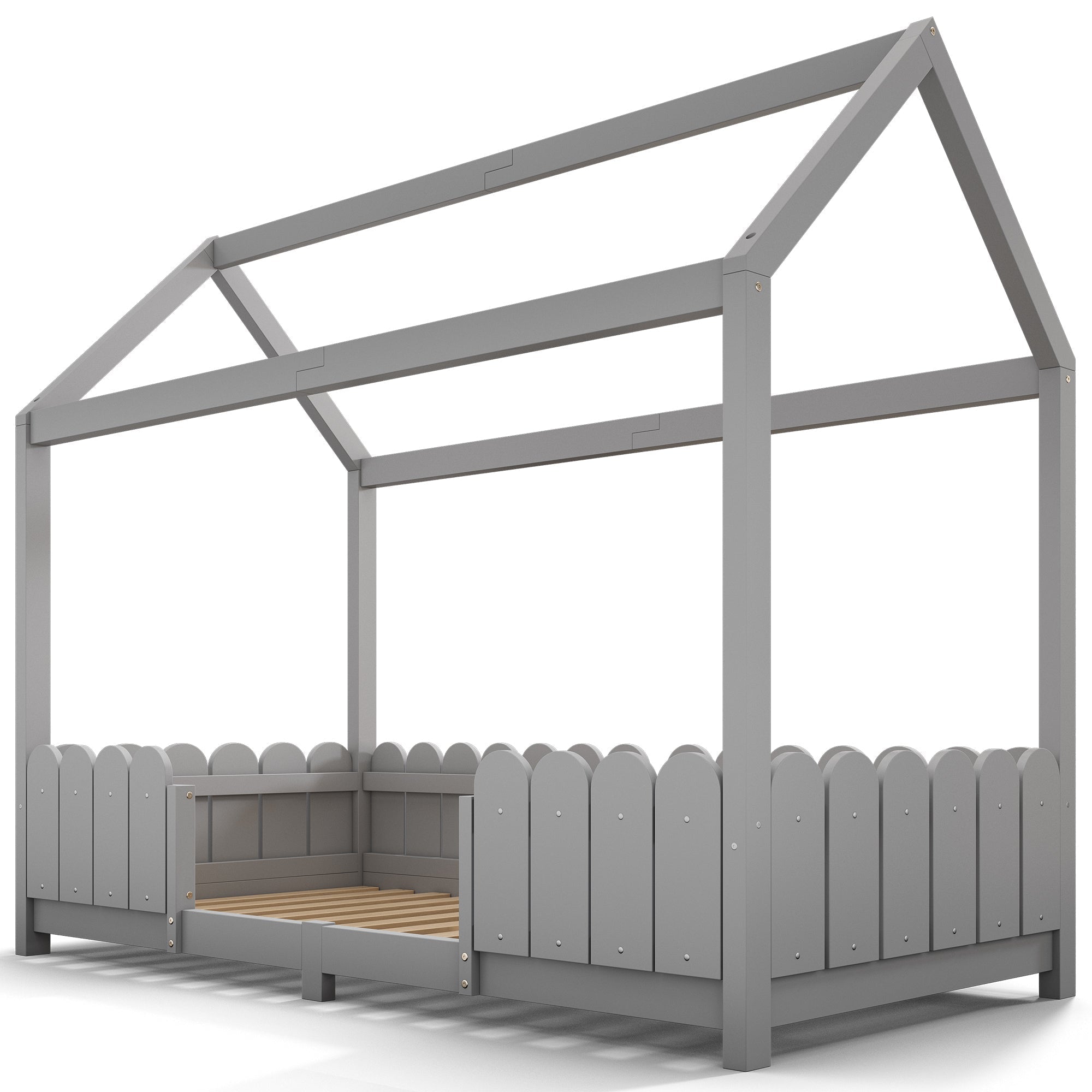 House Bed 90x200cm Versatile Children's Bed with Fall Protection and Slatted Frame, Grey