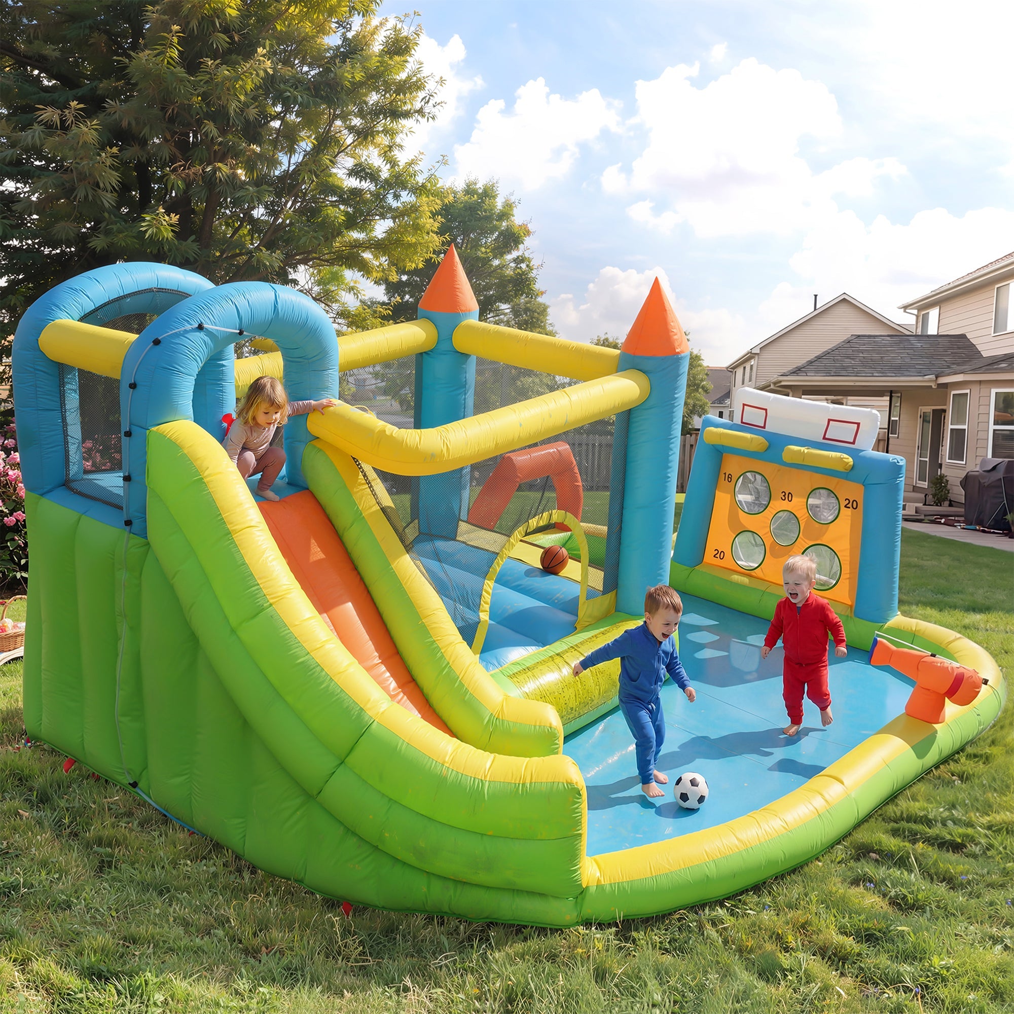 Inflatable Bouncy Castle with Slide, Water Pool and Basketball Hoop, 360x320x200cm, Multicolor