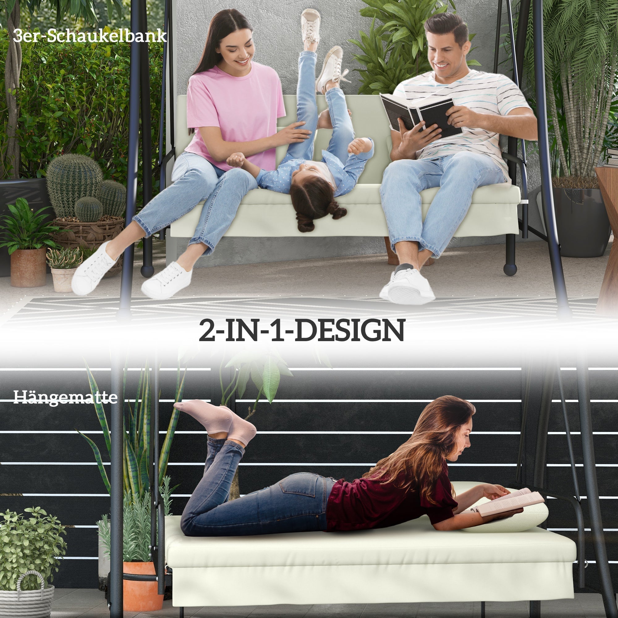 Outsuuny 2-in-1 Hollywood Swing Reclining 3-Seater Garden Lounger, Cream White