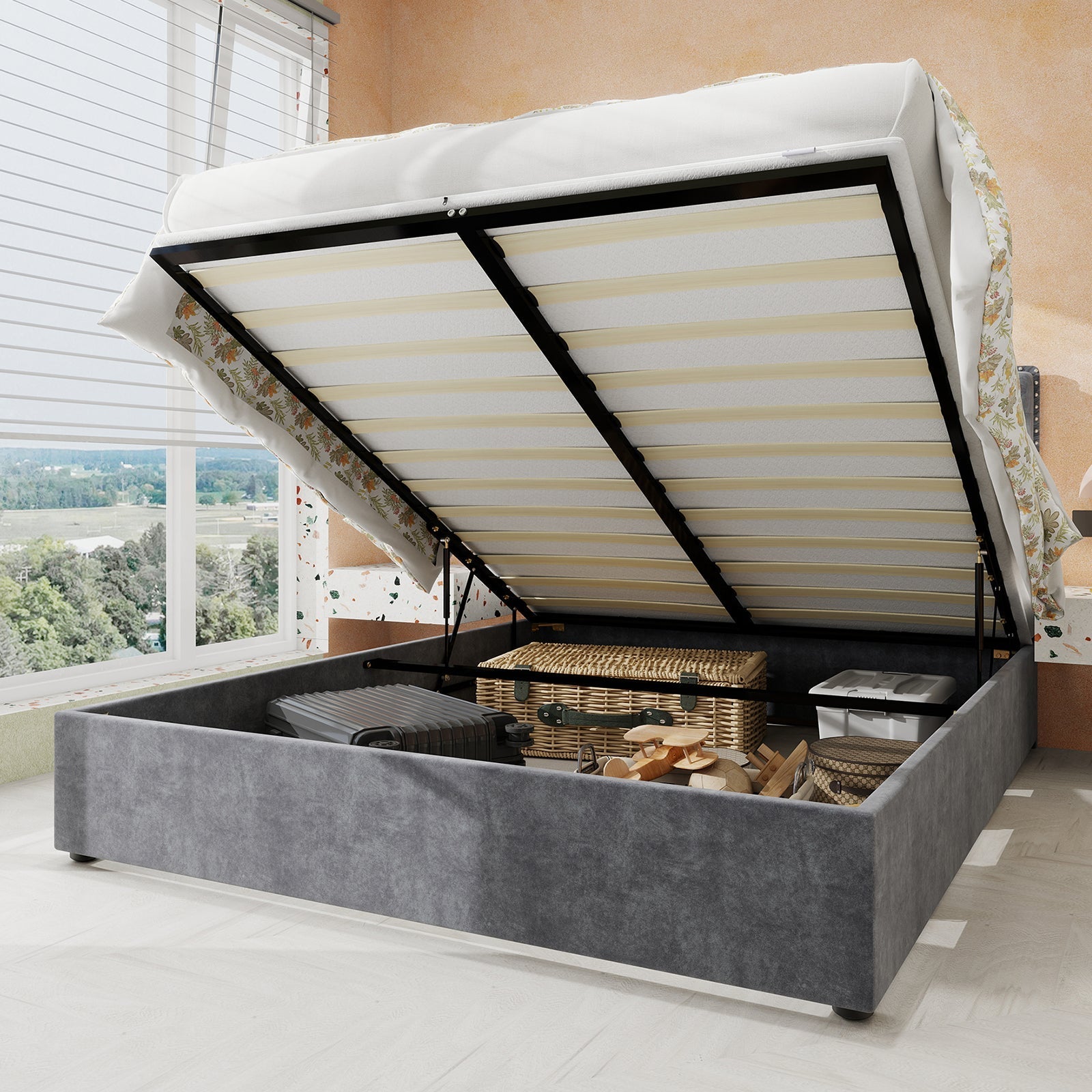 Modern Minimalist Soft Bed, 160*200CM, Hydraulic Rod, Gray
