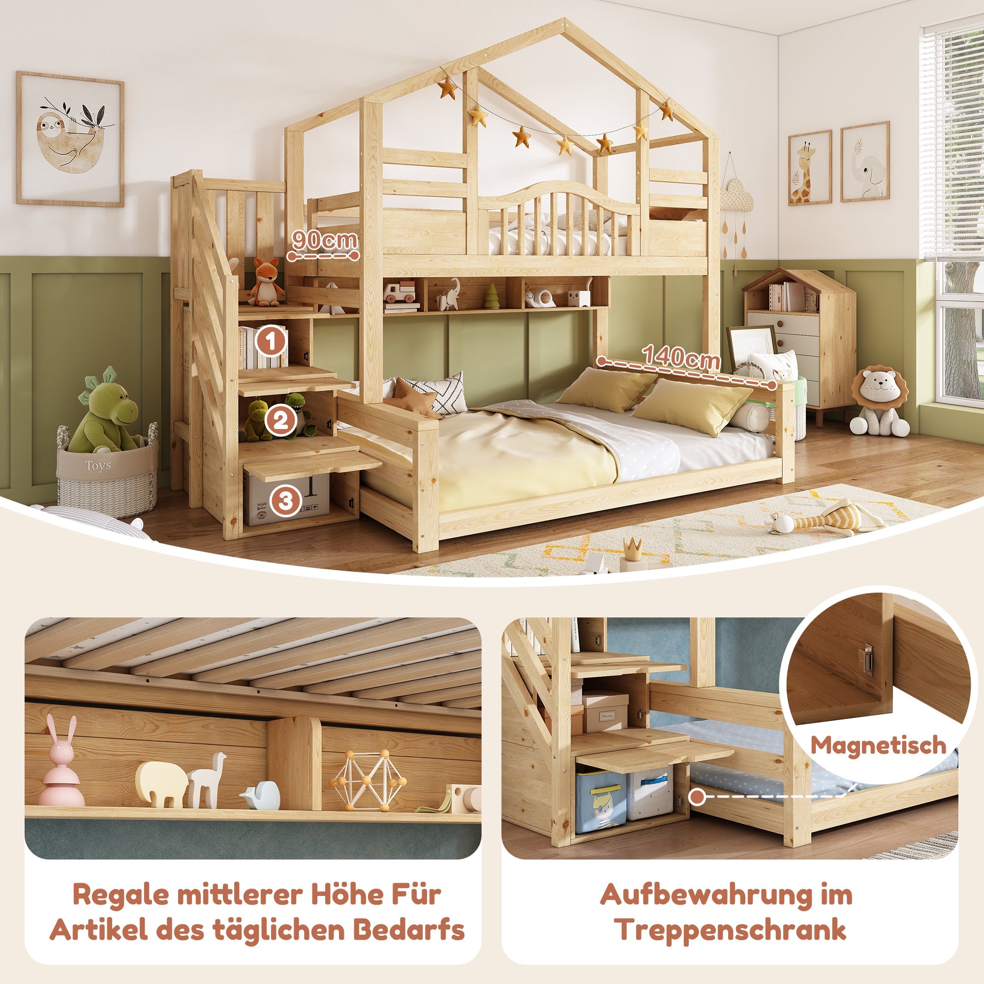Bunk House Bed with Stair Storage and Shelves, 90x200cm and 140x200cm, Natural Wood Look