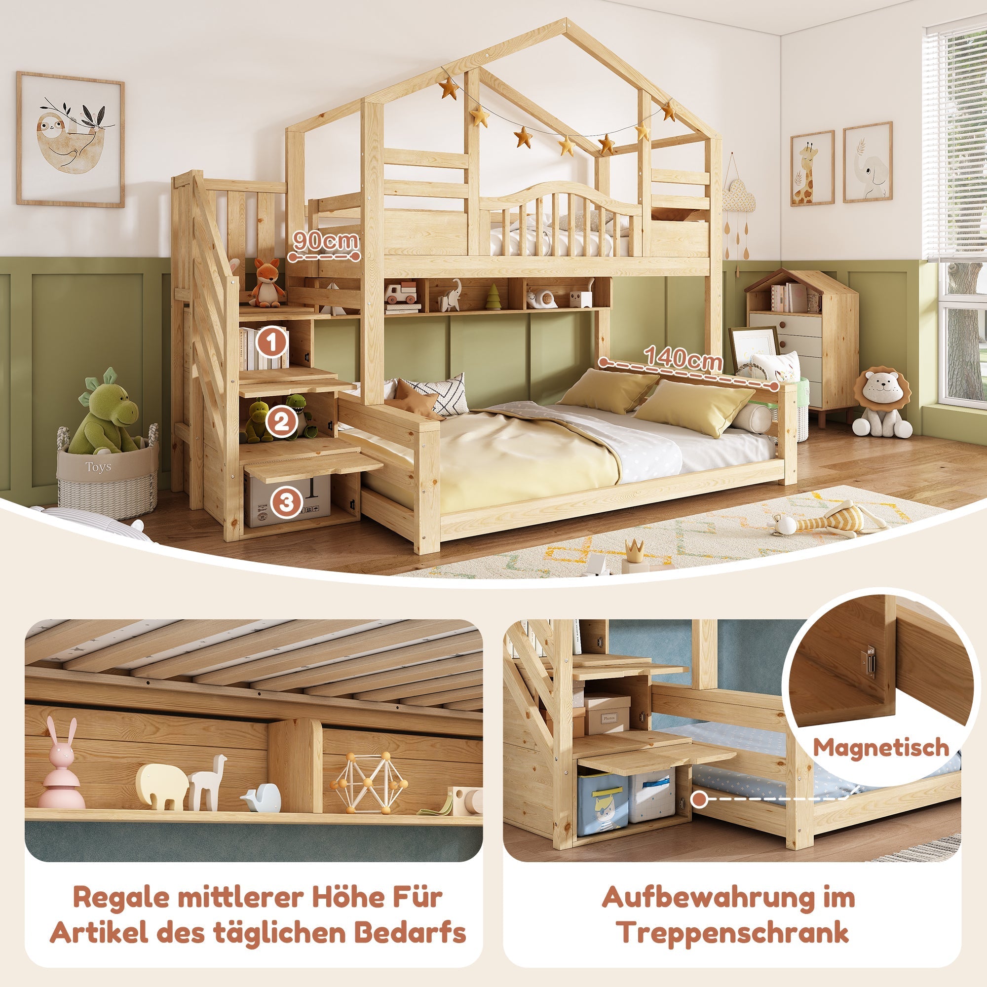 Bunk House Bed with Stair Storage and Shelves, 90x200cm and 140x200cm, Natural Wood Look