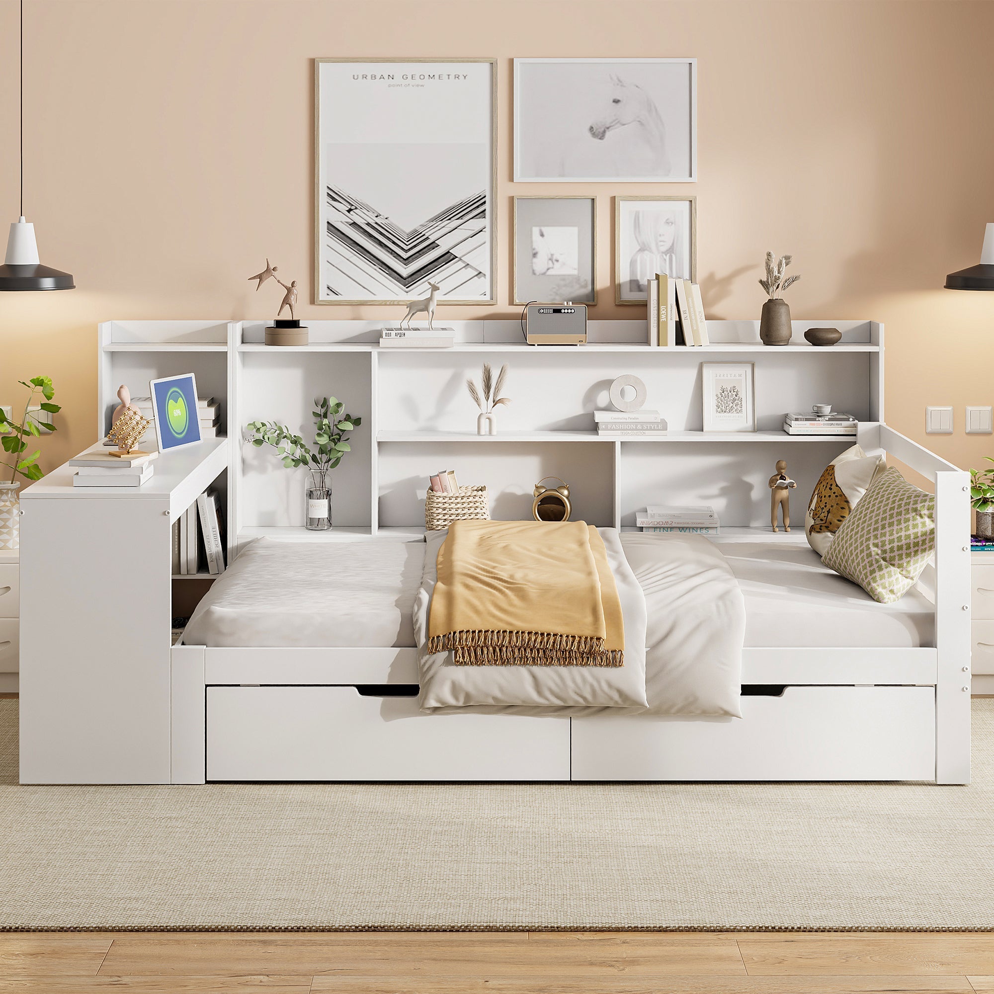 Solid Wood Sofa Bed with Desk, Bookshelf, Storage, Power Outlet - White