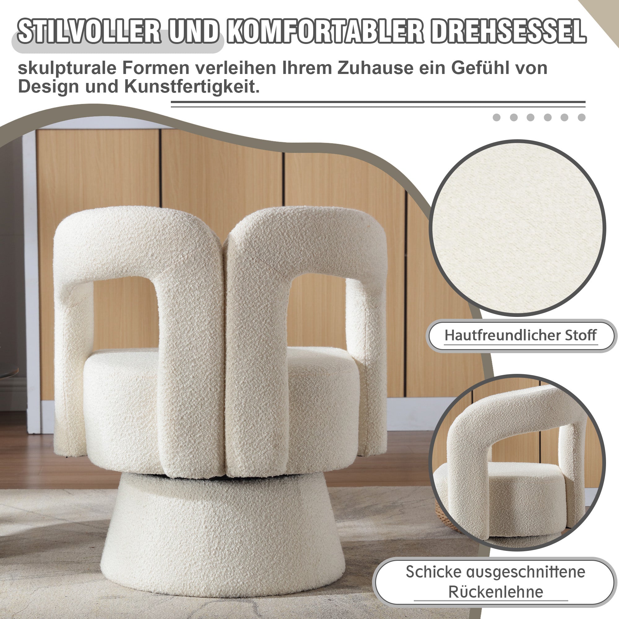 Swivel Barrel Armchair 360° Round Fluffy Fabric, Beige