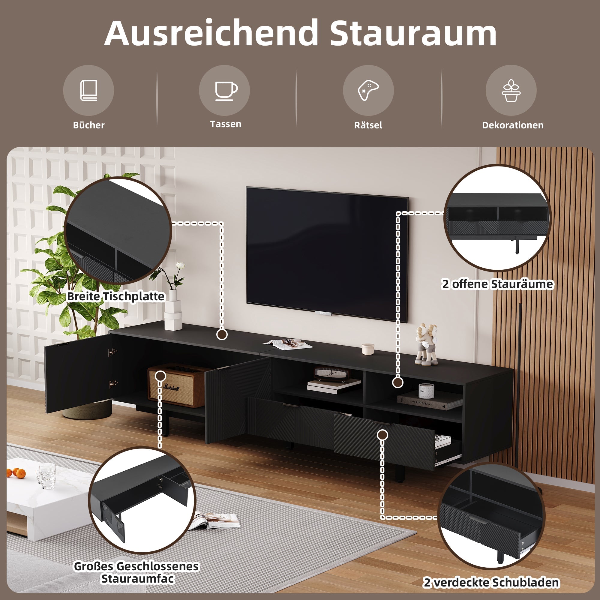 TV Cabinet, Modern Bohemian, Abstract Geometric, 90-inch, Black