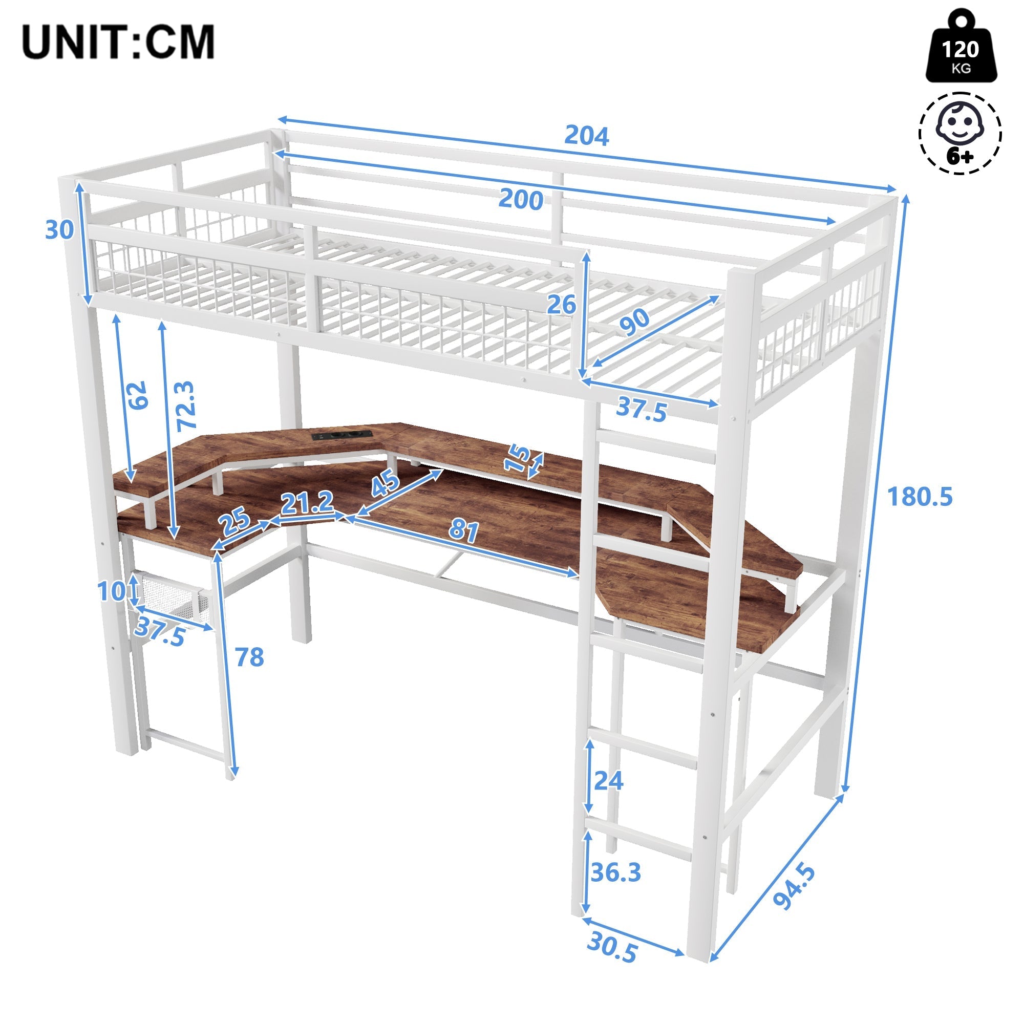 Loft Bed with Desk and LED Lights, USB Ports and Pegboard, White Iron Frame