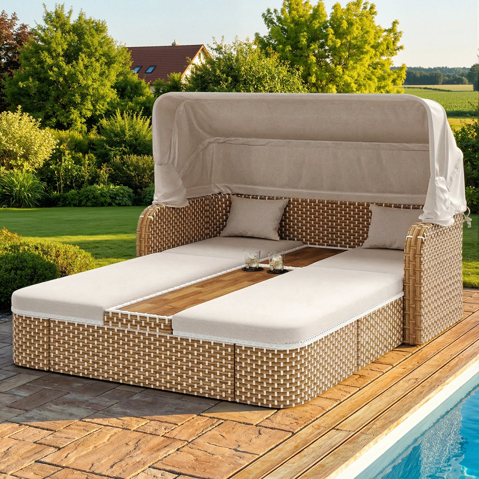 Rattan Sun Island Garden Lounger with Awning and Weatherproof Design, Beige and Grey