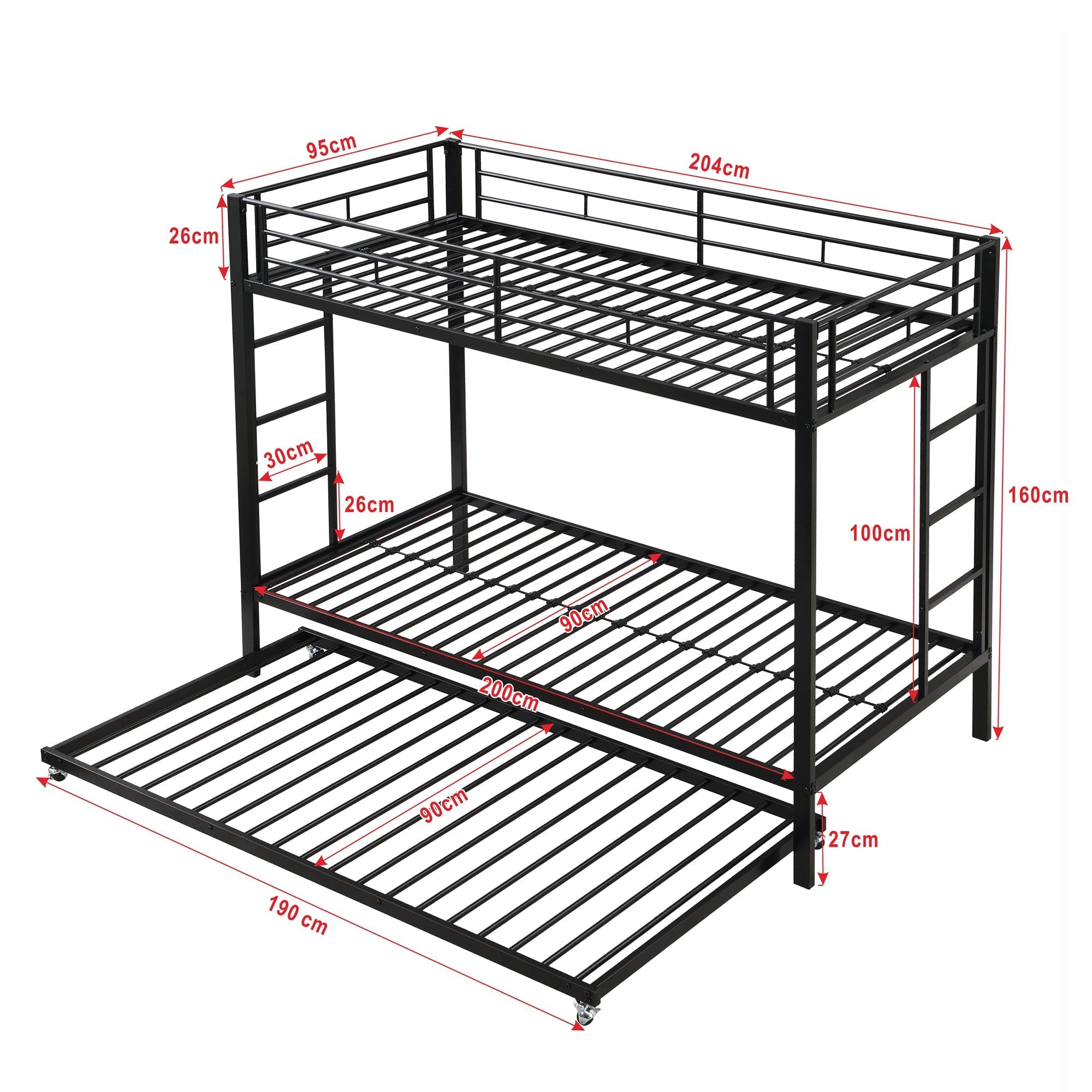 Bunk Bed 90x200cm with Pull-Out Bed Safety Railings EN747 Certified - Black Iron Frame