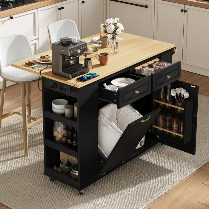 Kitchen Island Mobile Serving Cart Extendable Table Wheels Waste Bin Power Strips Black