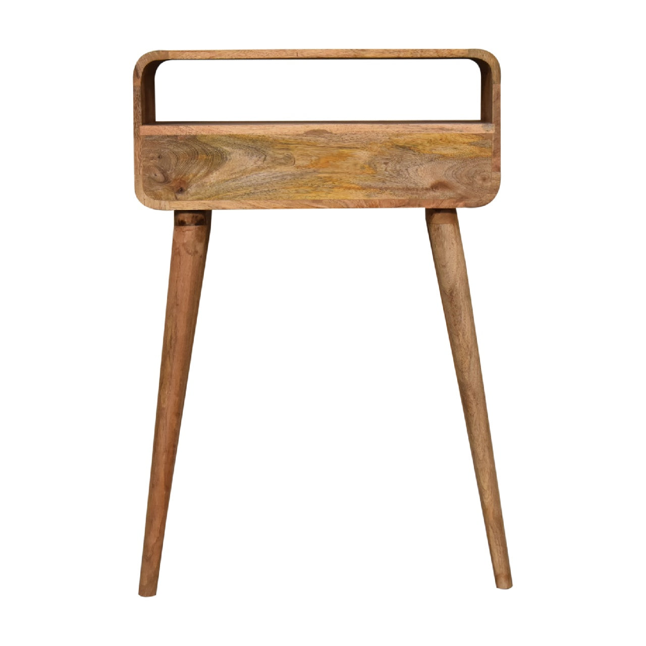 Solid Wood Console Table, Mini Curved with 2 Drawers & Open Slot, Brown Oak-ish