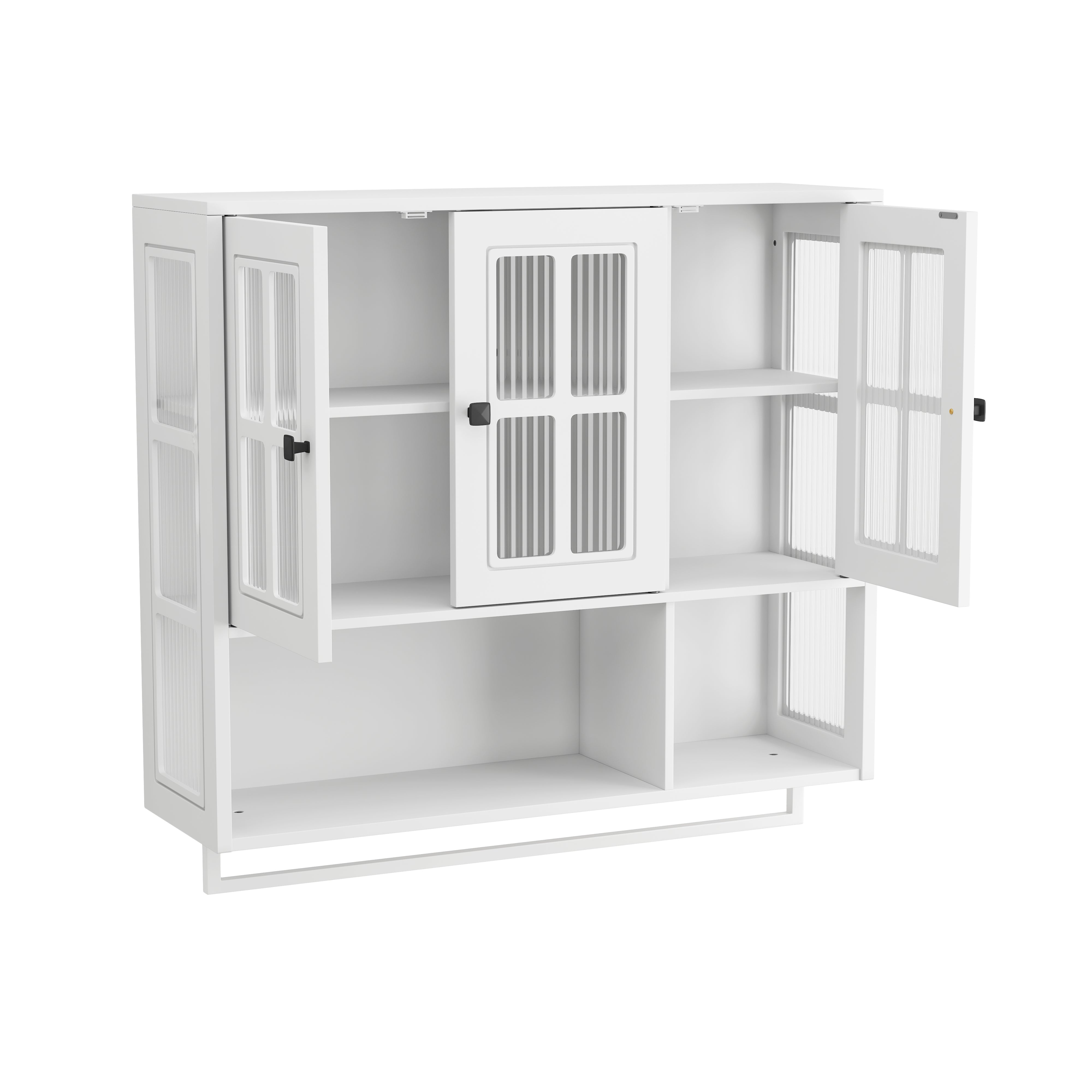 Bathroom Wall Cabinet, 3-Door Wooden with Open/Hidden Storage & Towel Bar, White
