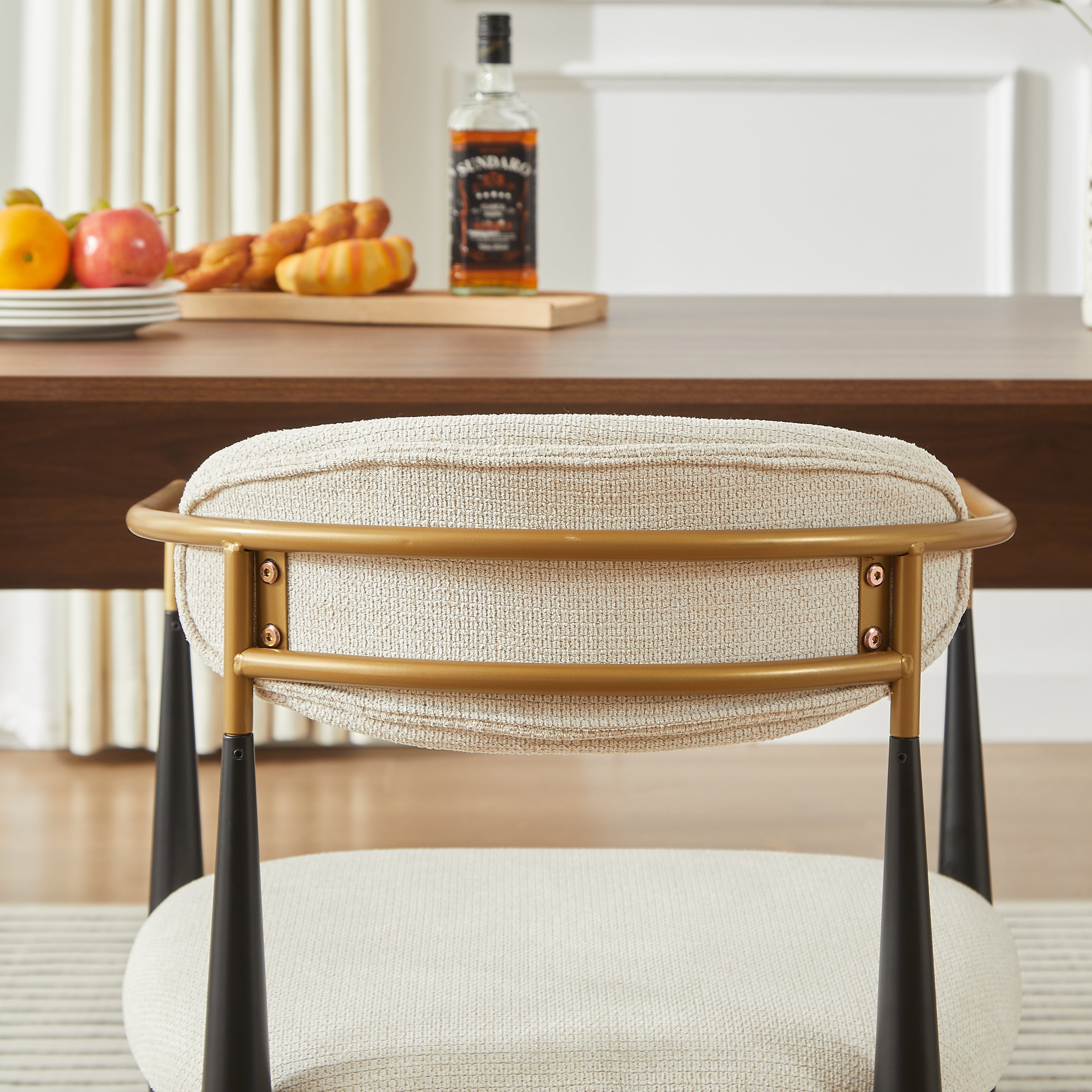 2-Piece Chair Set Metal Frame Black Gold Accent Beige Cushion