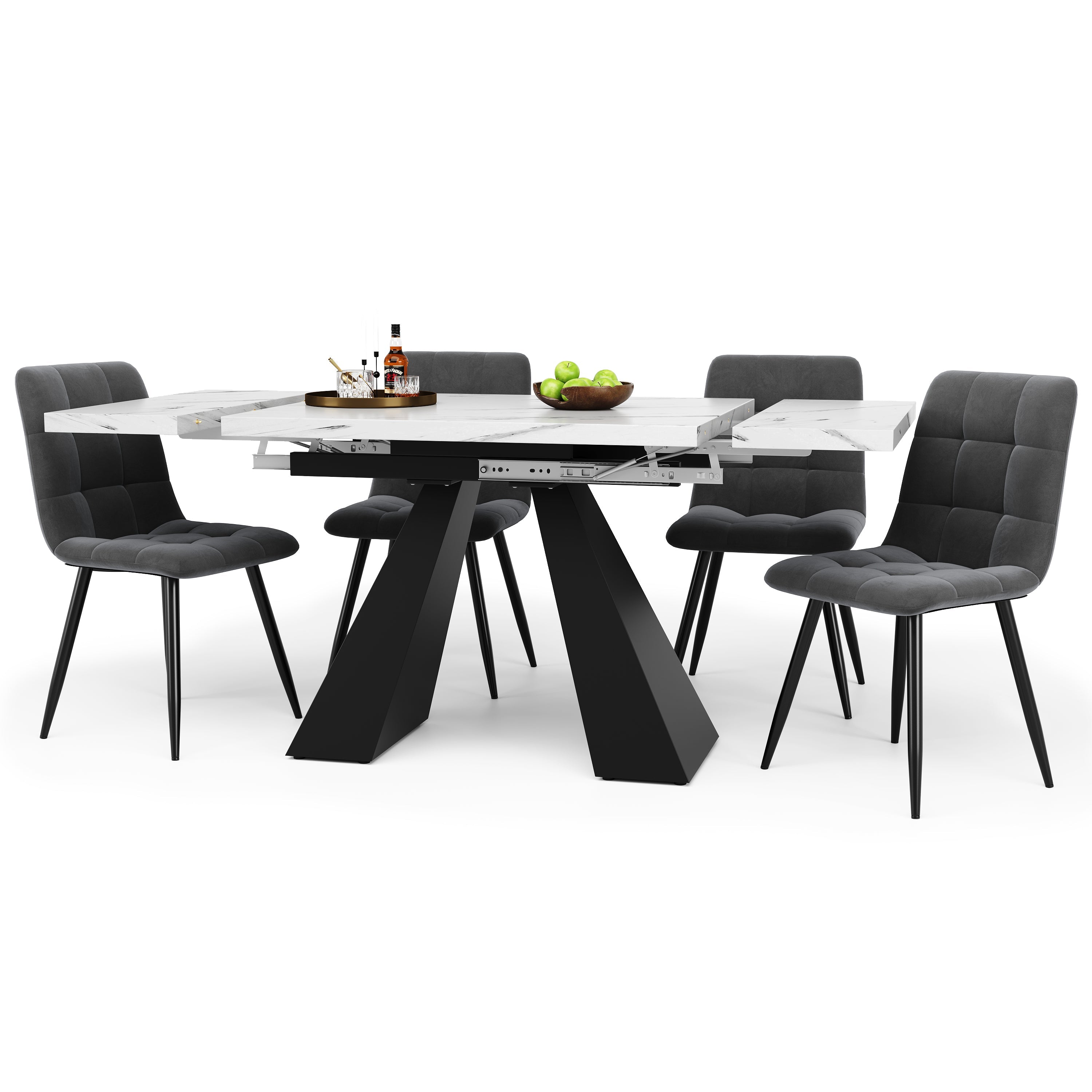 Dining Set 5-Piece Extendable Table 4 Velvet Chairs - White/Grey