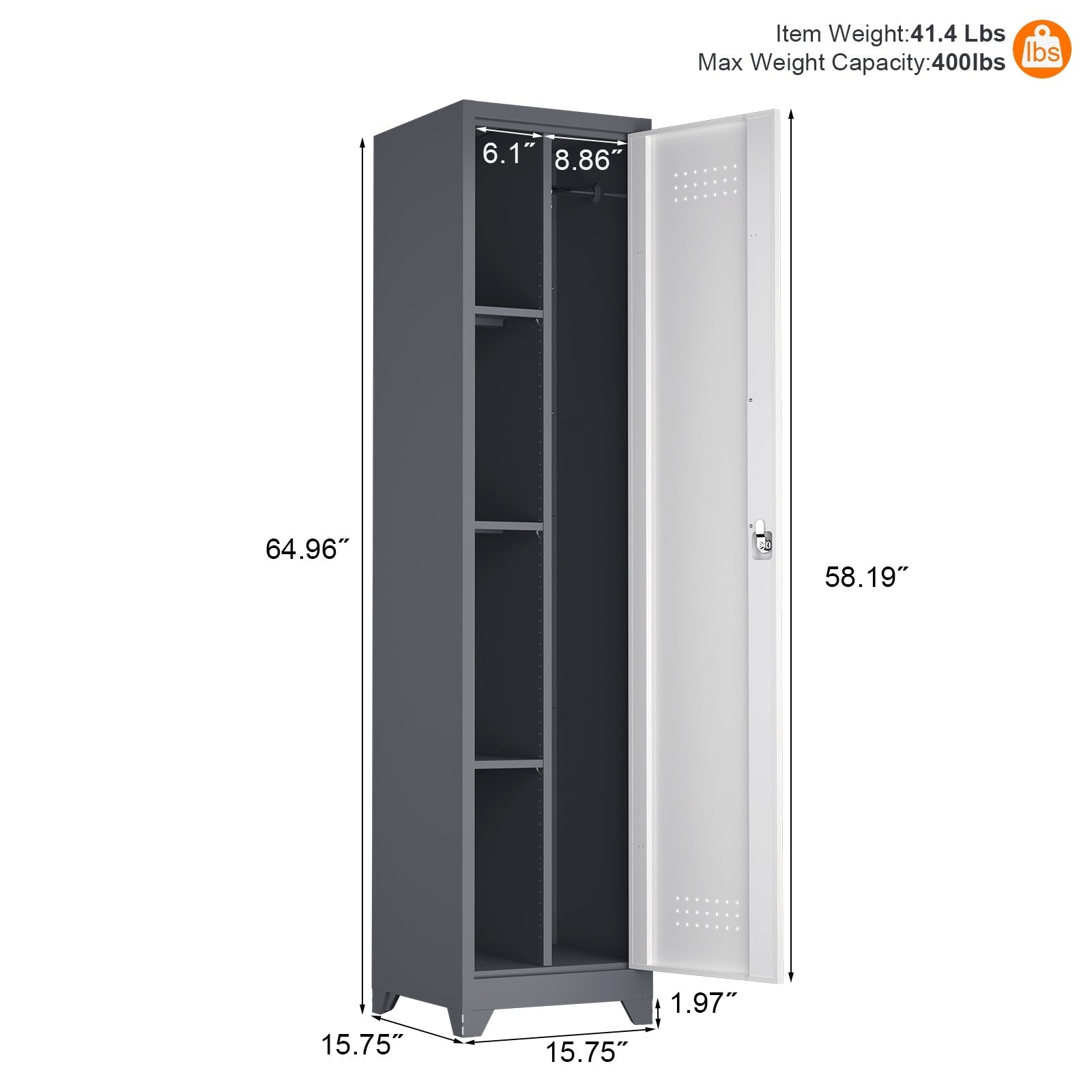 Slim Broom Storage Cabinet with Shelves, Hanging Rod & Locking Door - Metal
