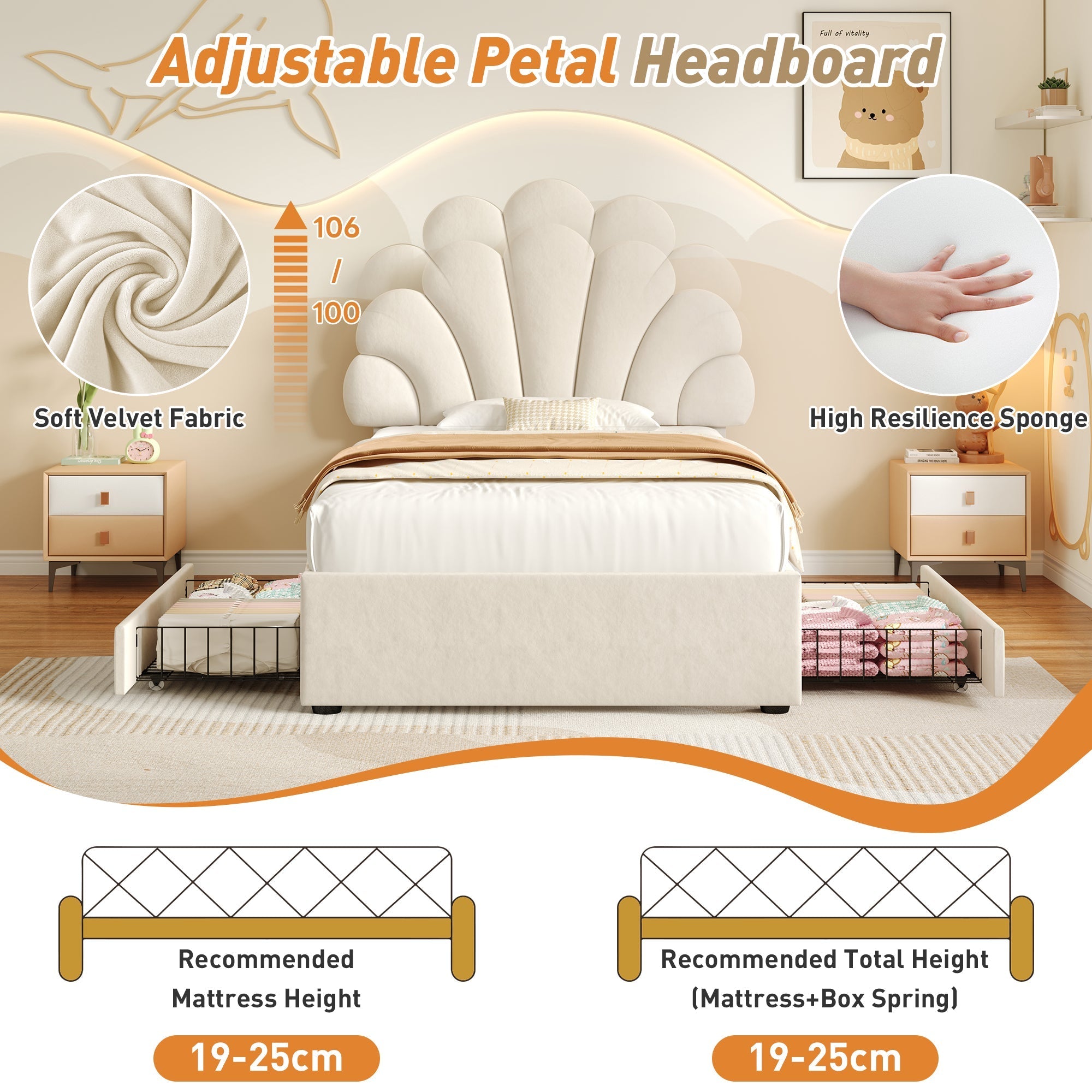 3ft Single Upholstered Bed with Adjustable Chic Petal Headboard and 2 Storage Drawers, Beige Velvet