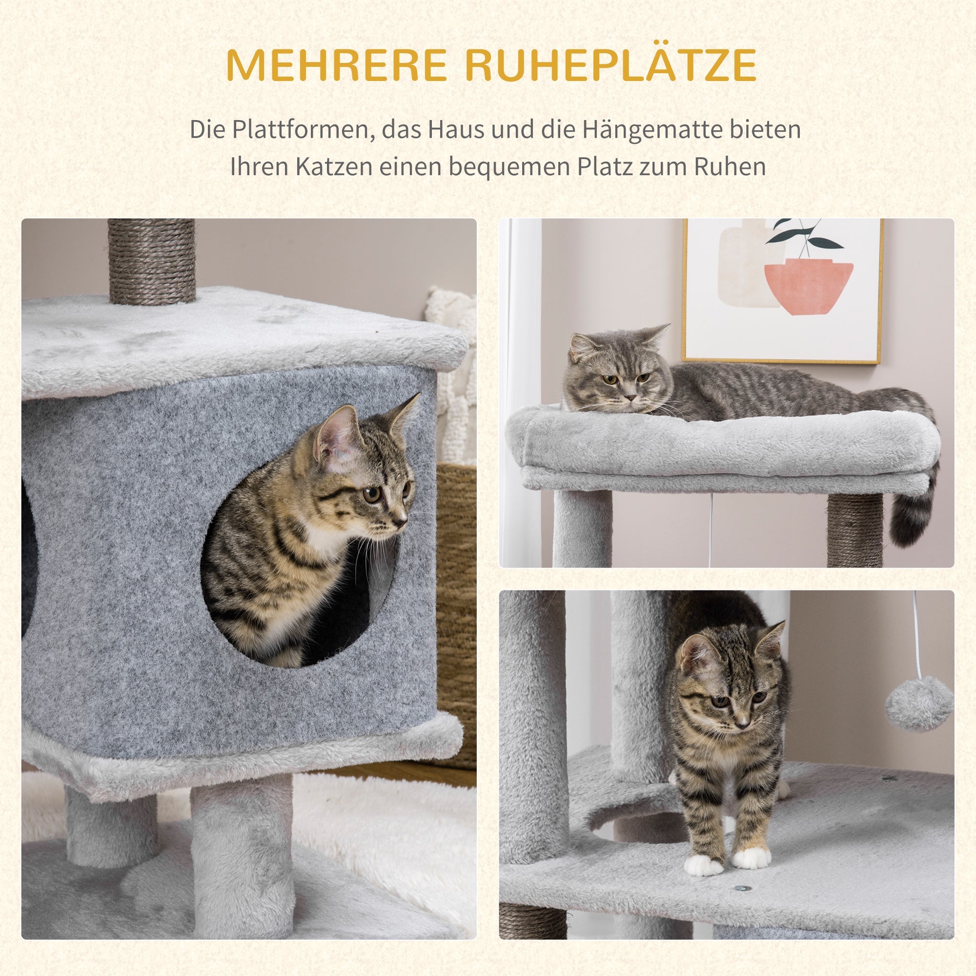 Cat Tree 142cm Sisal Post Caves Platforms, Grey