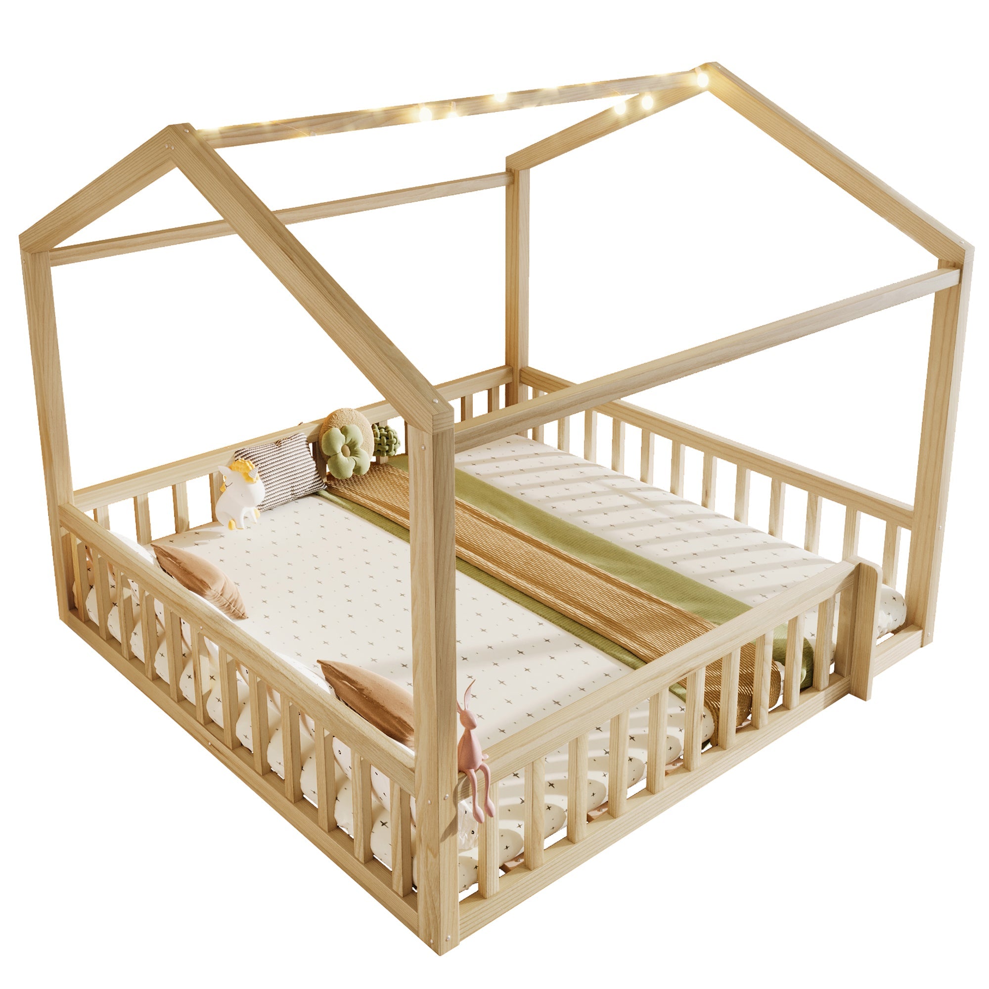 Children's Flatbed Expandable 90/180x190cm House Railing LED Pine Wood Natural