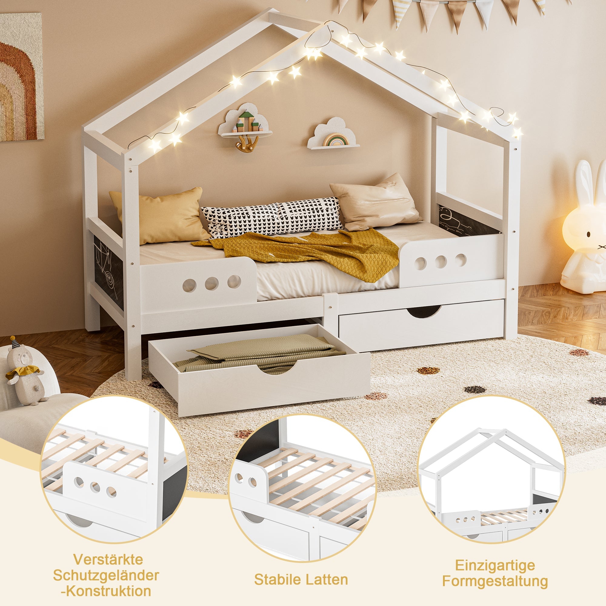 Children's Bed, Roof Design with 2 Drawers, UV Varnish Wood+MDF
