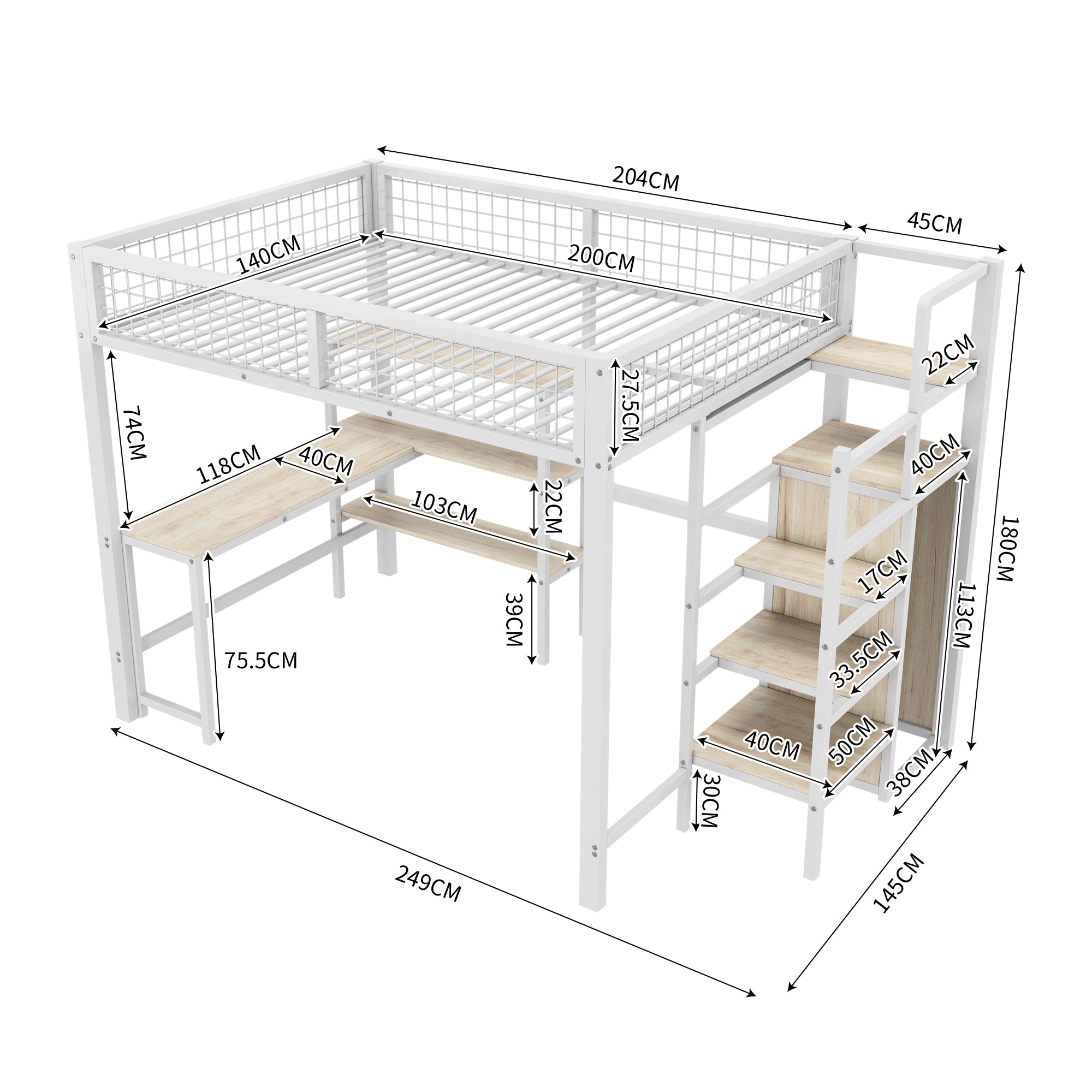 Loft Bed 140x200cm Iron Frame with Storage Ladder Shelves Wardrobe Desk White
