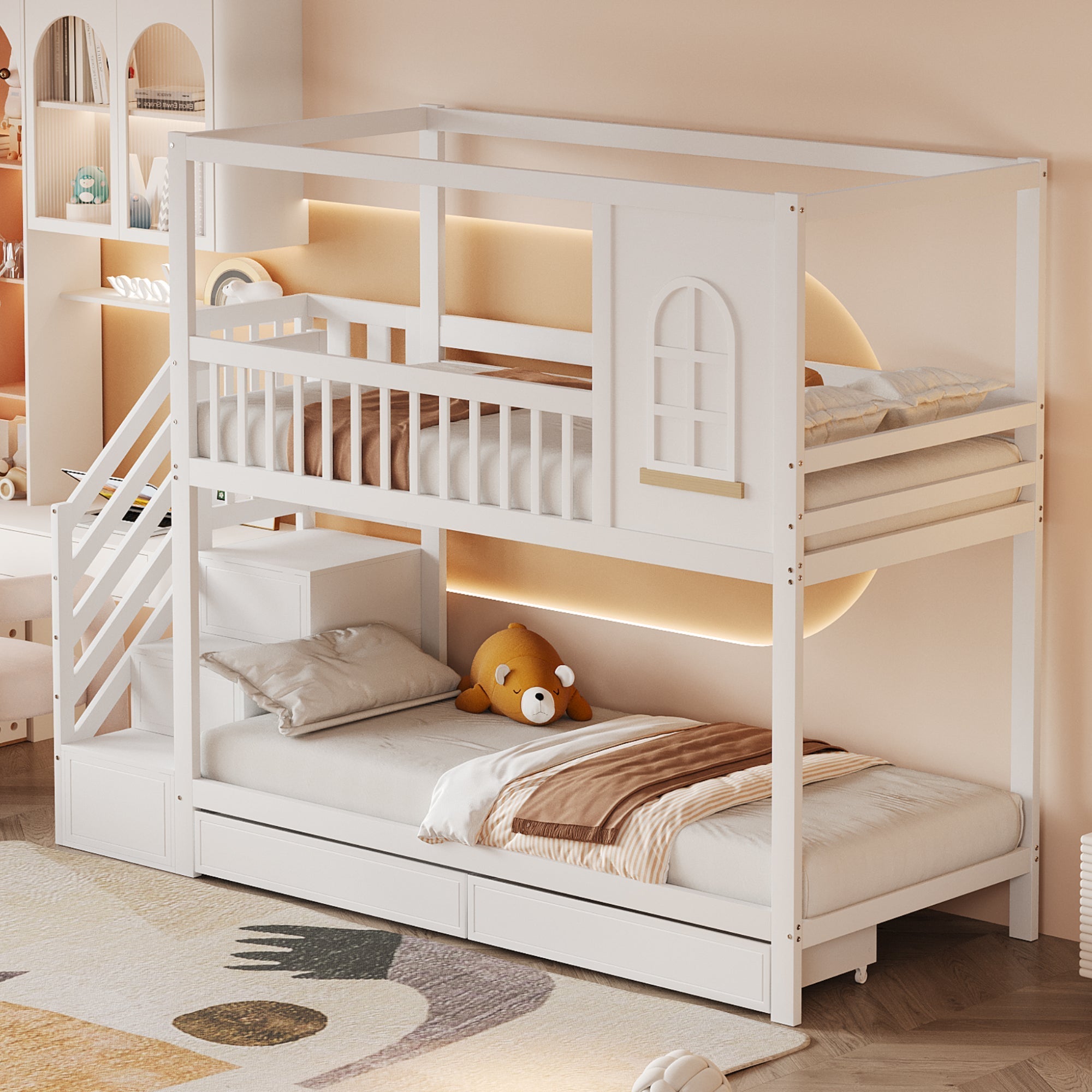 Bunk Bed 90x200cm House Design Drawers Ladder Solid Wood - White