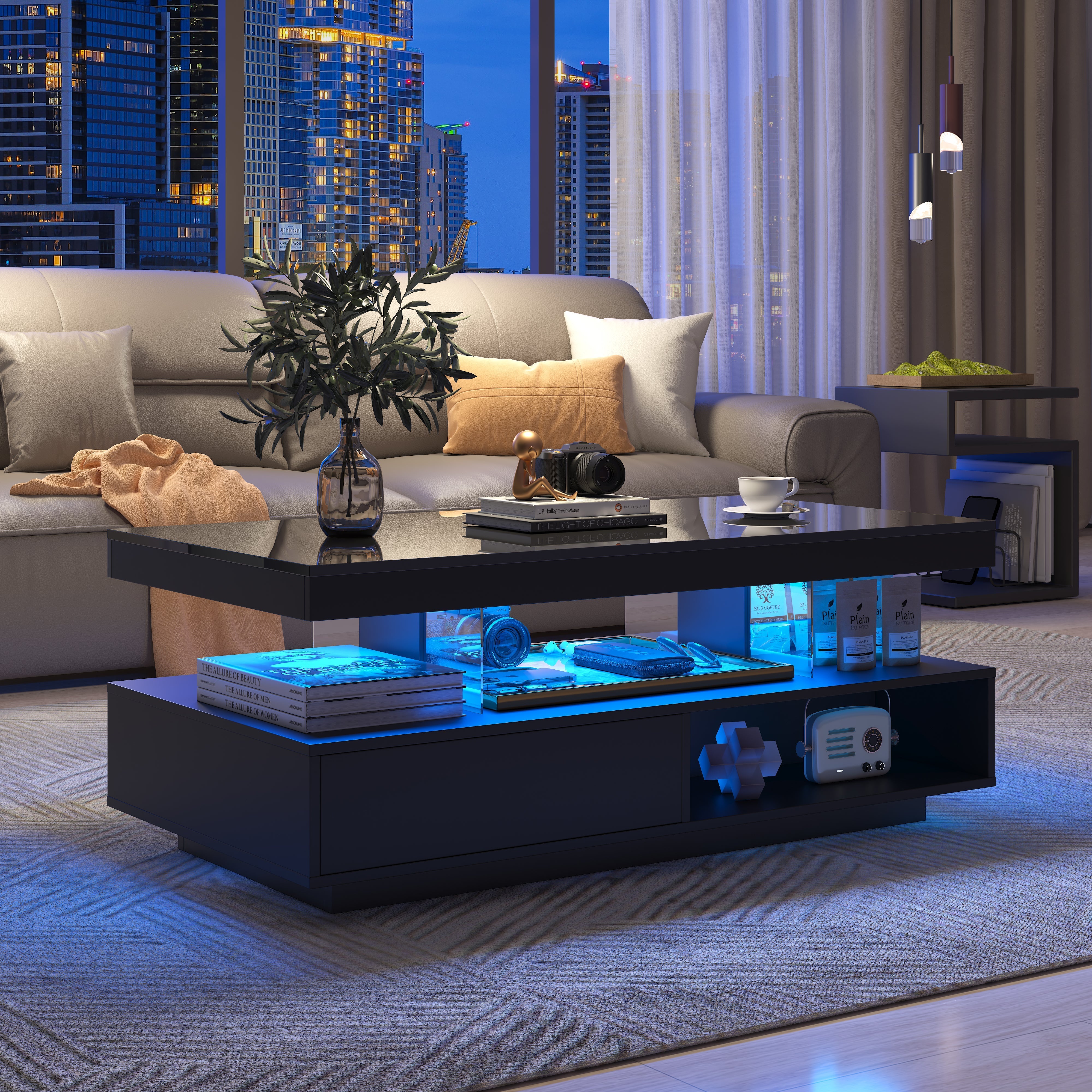 Coffee Table Push-Pull Storage Black Particle Board