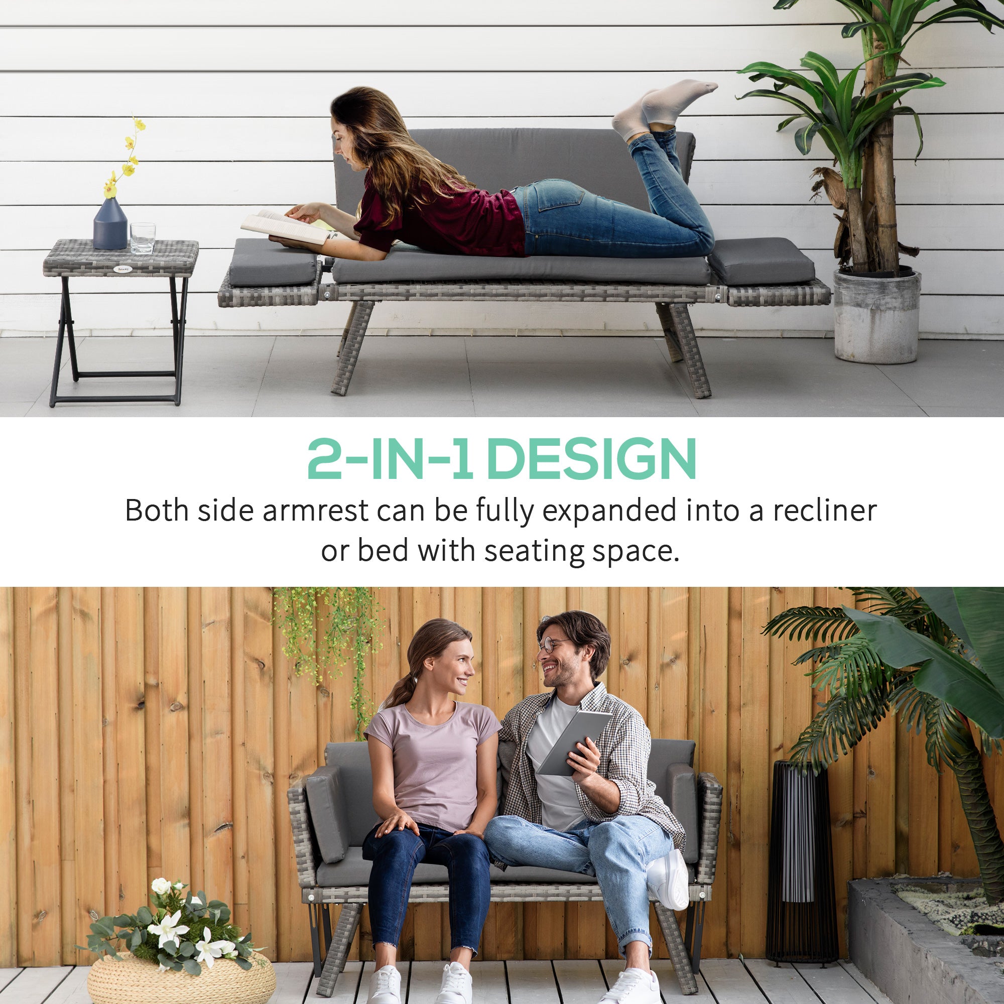 2 Seater Rattan Sofa 2-in-1 Daybed Chaise Lounger Loveseat Mixed Grey PE Rattan