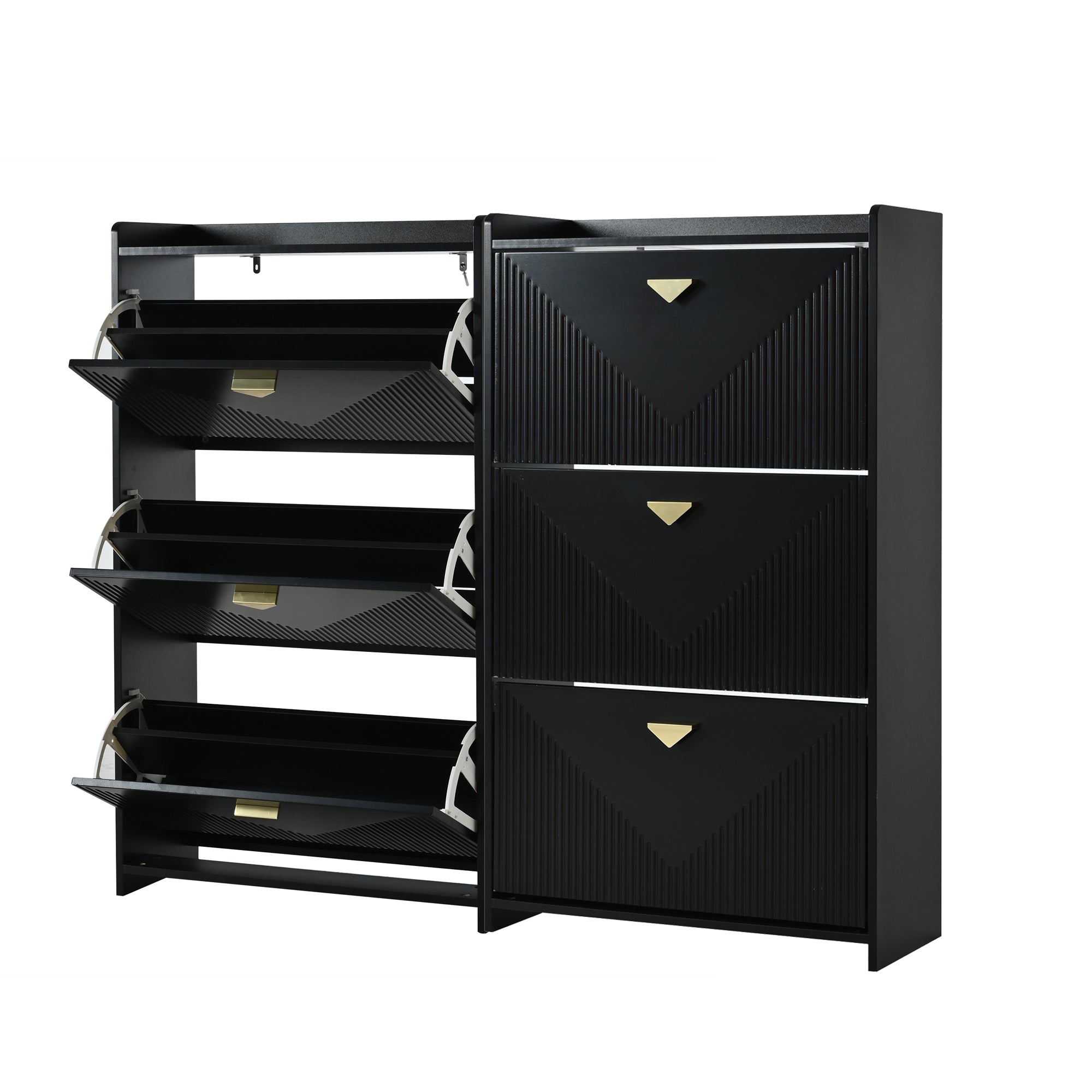 Shoe Cabinet with 6 Drop-Down Doors and Adjustable Width, Two-Piece Set, Black MDF