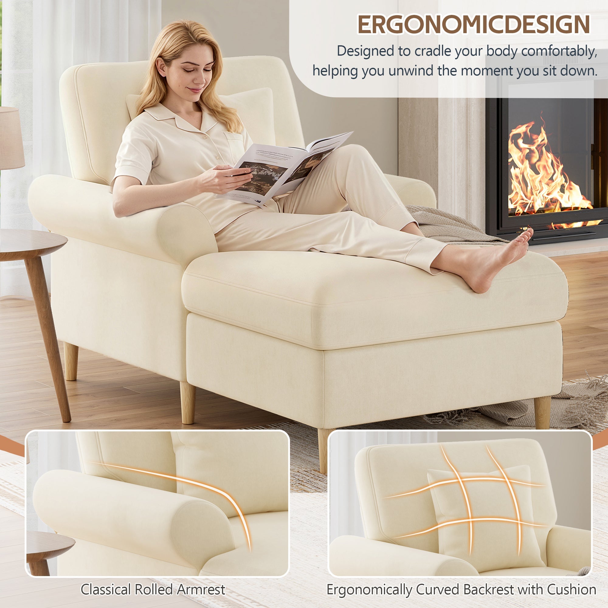 Upholstered Recliner, Folding Sleeper Chair, XXL Reading Lounge Chair, Velvet Beige