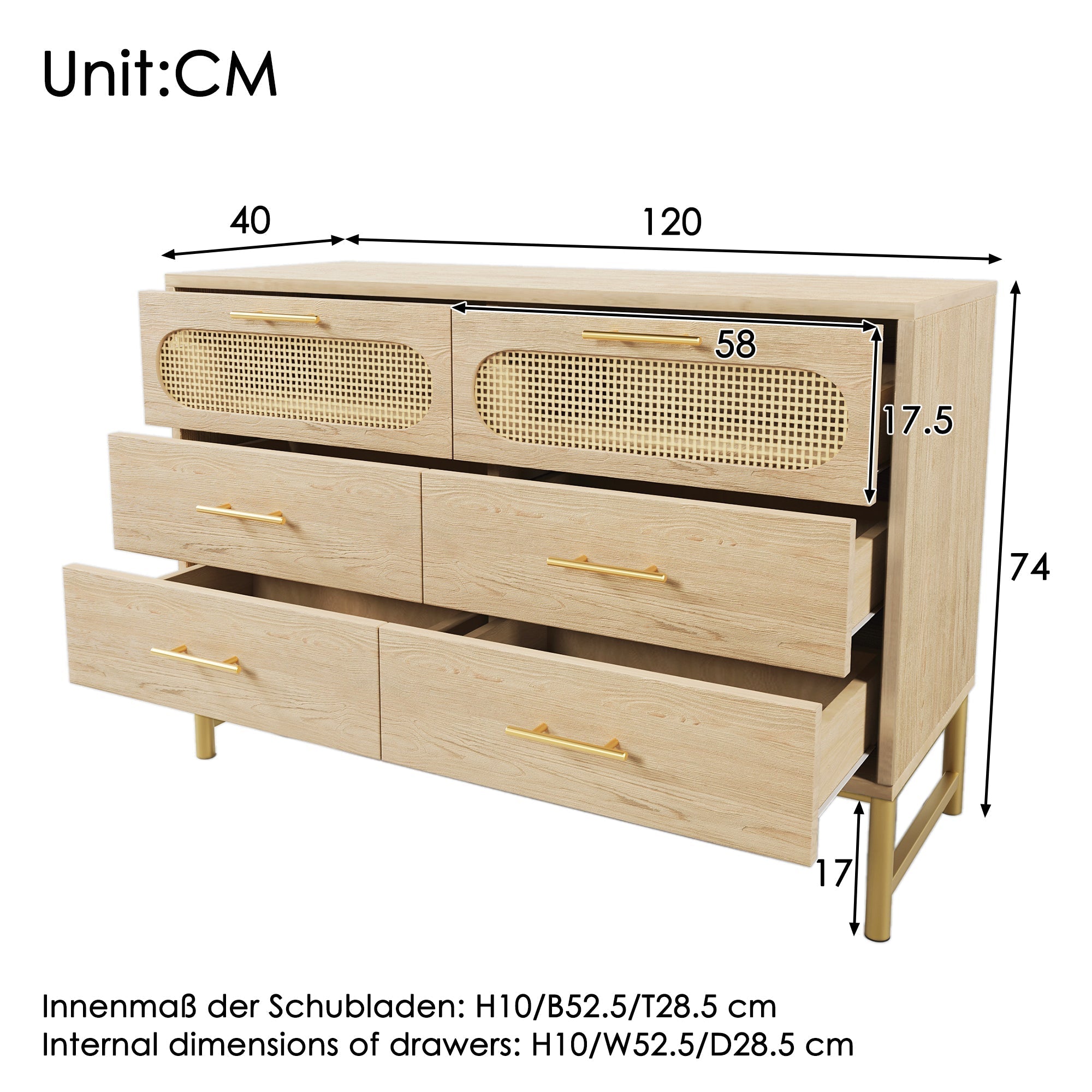 Rattan Sideboard, 6 Drawers Dresser Dressing Table, Sonoma Oak