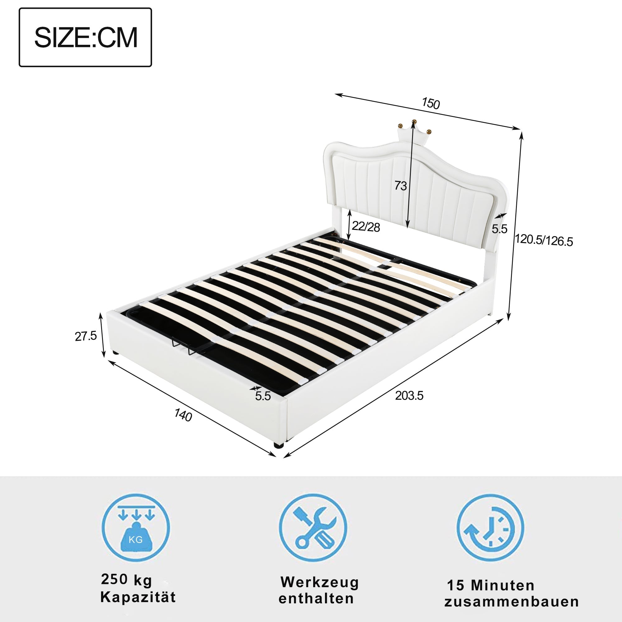 Children's Bed, Upholstered Hydraulic Storage with LED Lights, White PU Leather