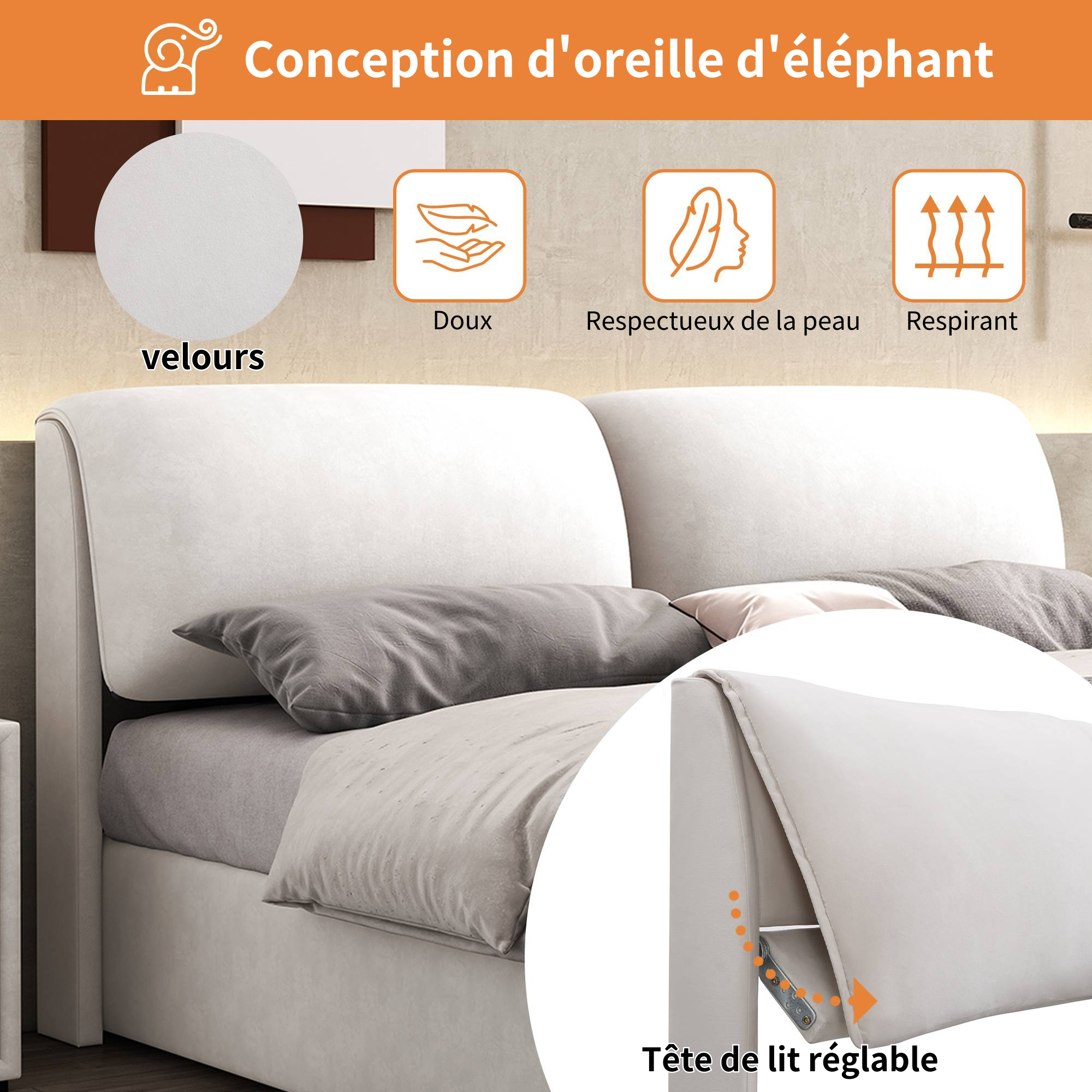 Upholstered Bed with Hydraulic Storage and 3 Drawers, 140x190cm, Beige Velvet