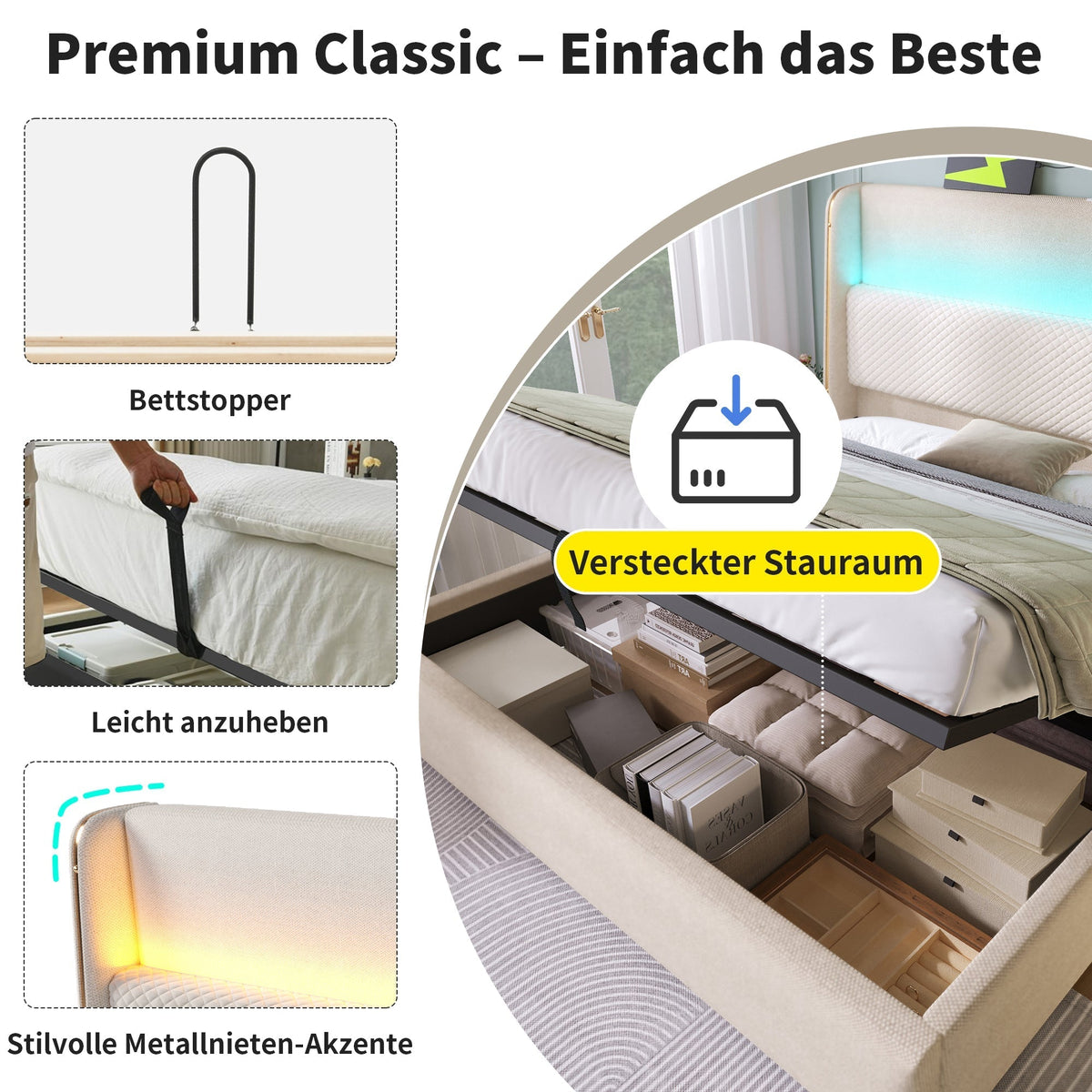 Modern Hydraulic Bed 140x200cm LED Storage USB/Type-C, Linen Look Beige