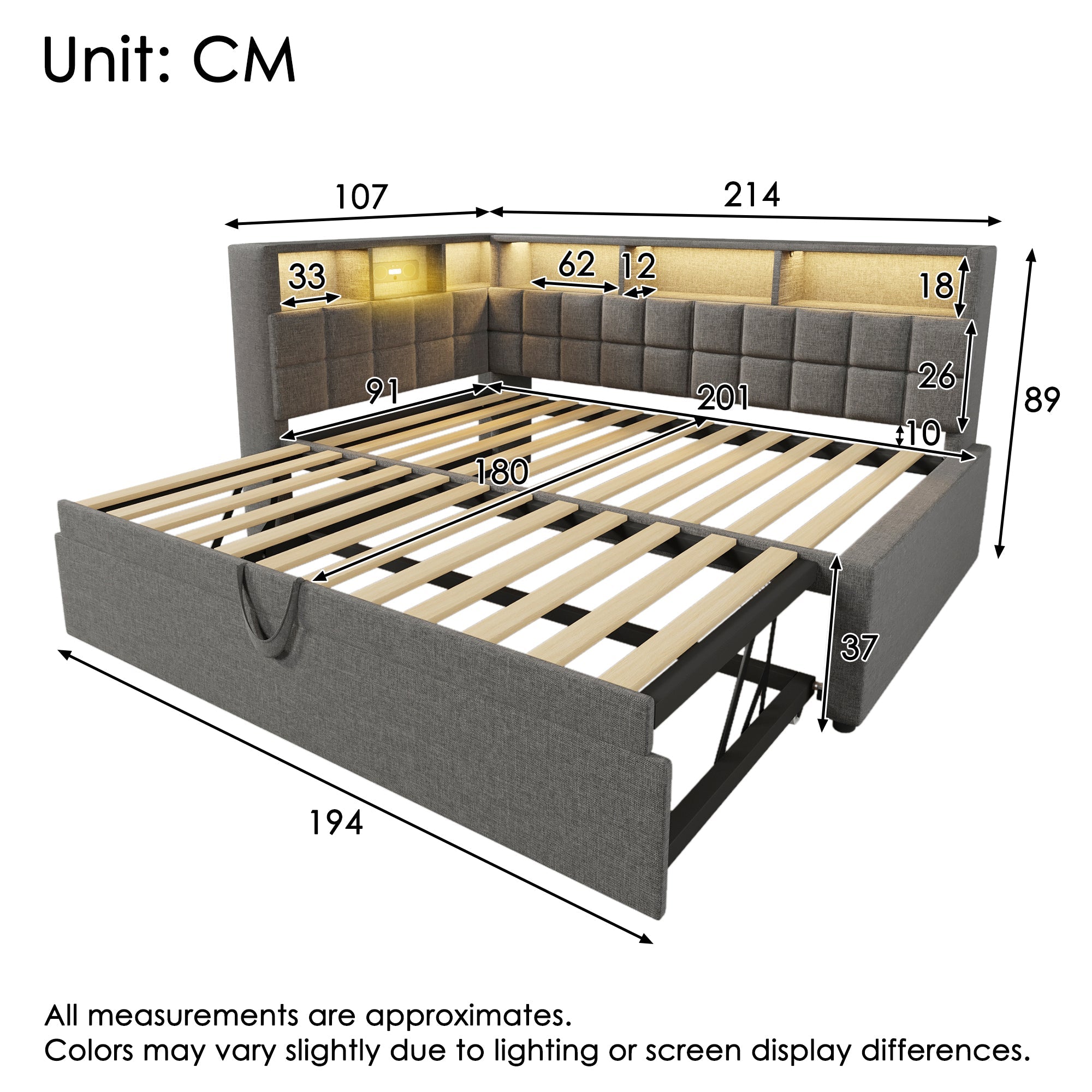 Upholstered Bed with Pull-out Bed, LED, Bluetooth Speaker and Charging Ports, 90x200cm, Grey Linen